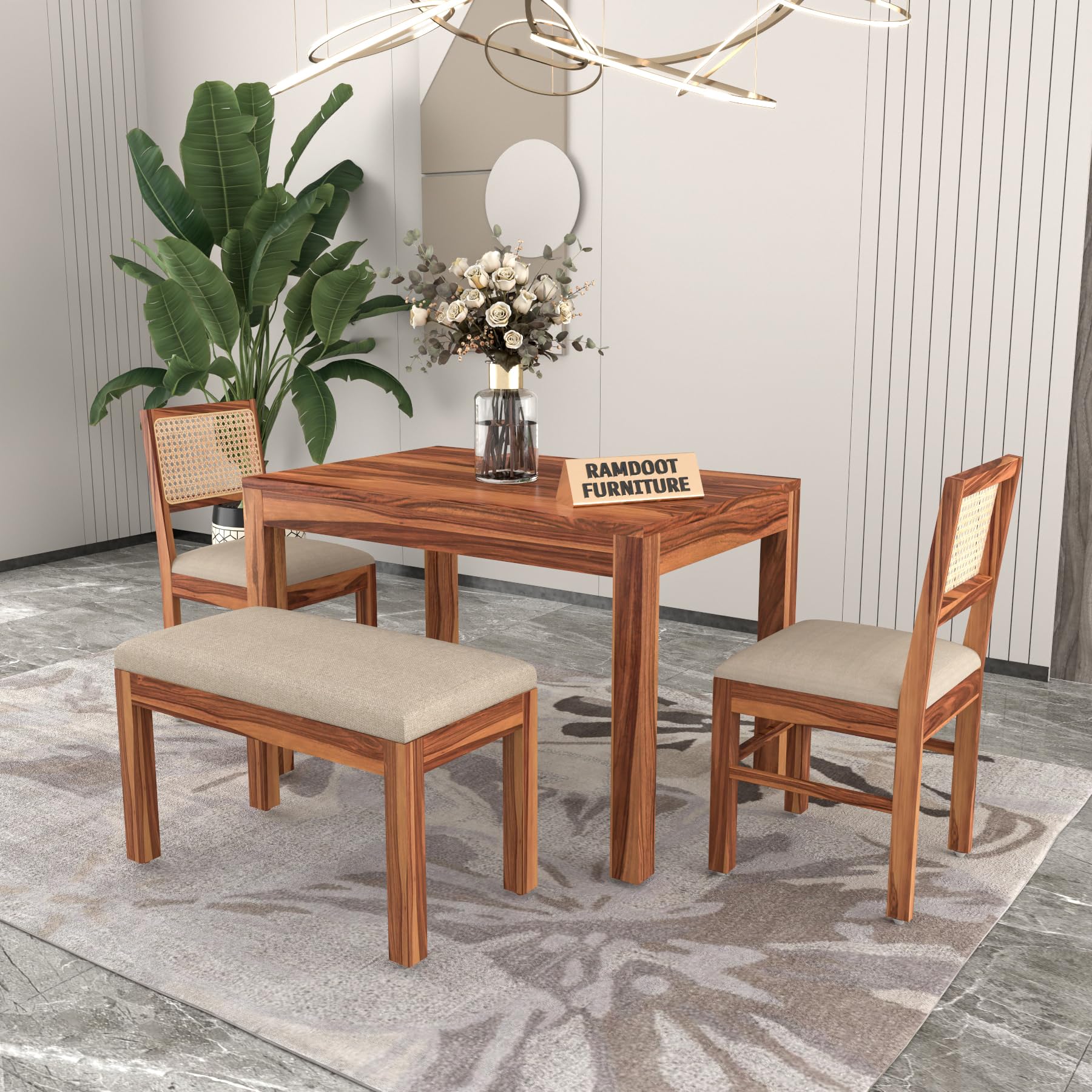Solid Wood Cane 3 Seater Dining Table Set | Three Seater Dining Table With 2 Cushions Chairs & 1 Bench For Dining Room | 3 Seater Dining Set for Hotel Restaurant | Sheesham, C-Honey-image-26