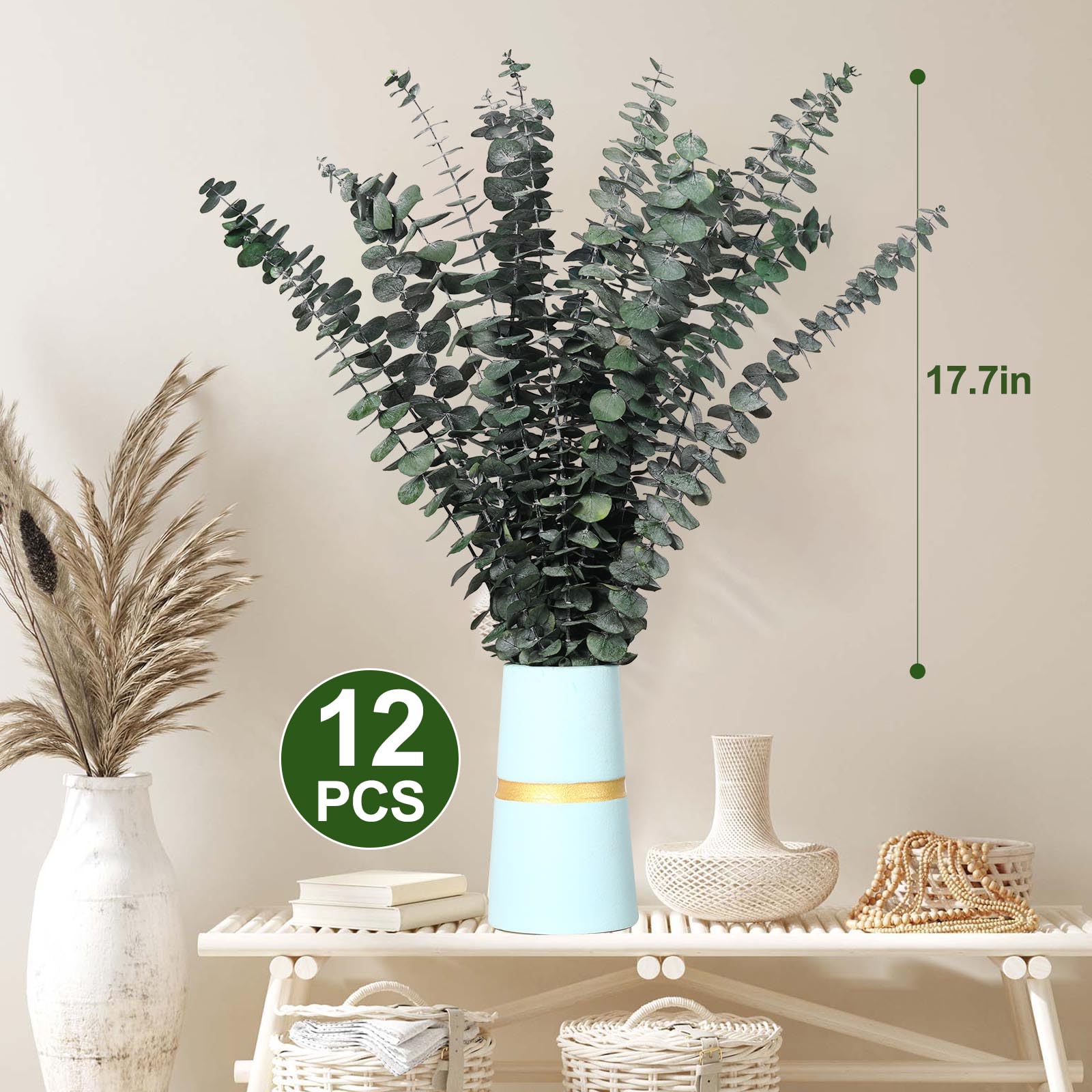 12 Pcs Eucalipto Secado Naturales Flores Secas 45cm, Ramas Eucalipto Artificial, Unidades de Seco Natural, Decoracion Follaje Artificial, para Bodas, Fiestas, Hogar, Arreglos Florales