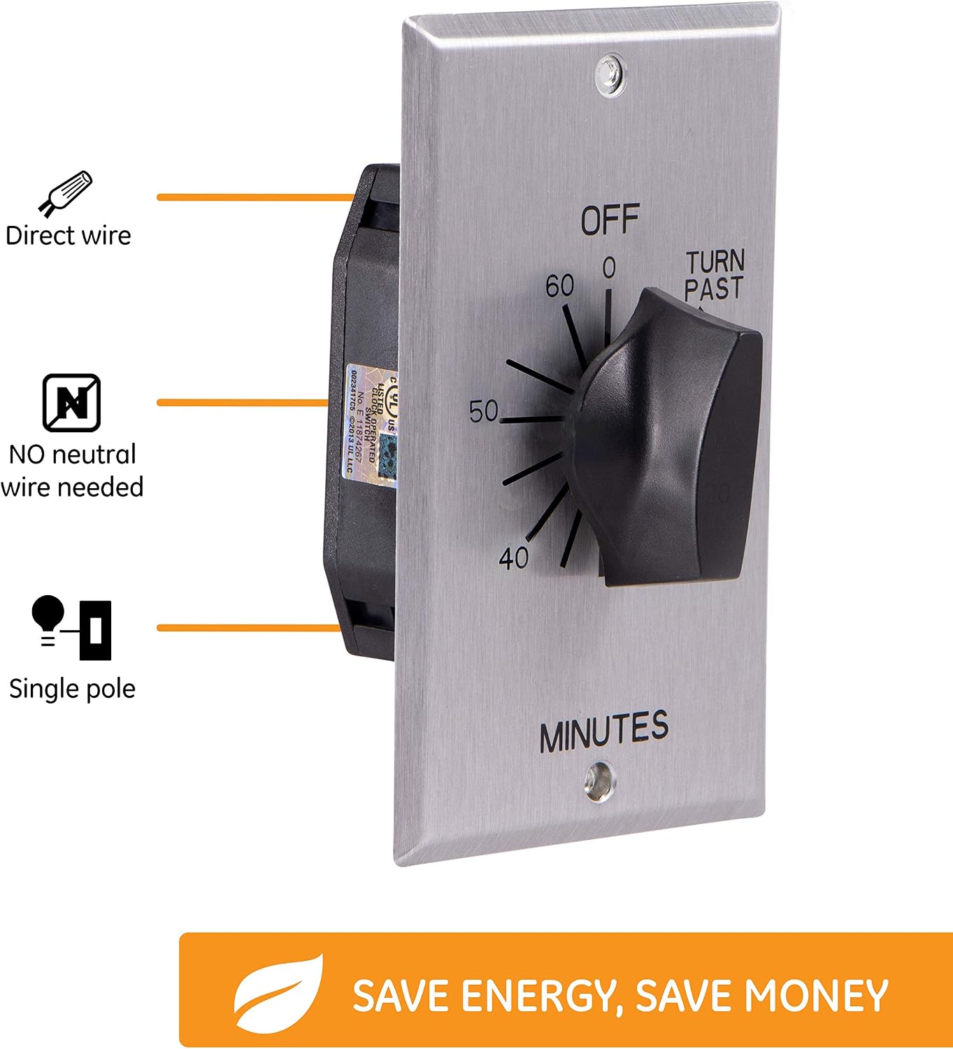 GE In-Wall Mechanical Countdown Timer Switch, Spring Wound, Up to 60 Minutes, No Neutral Wire Needed, Ideal for Lights, Exhaust Fans, and Heaters, LED 15305