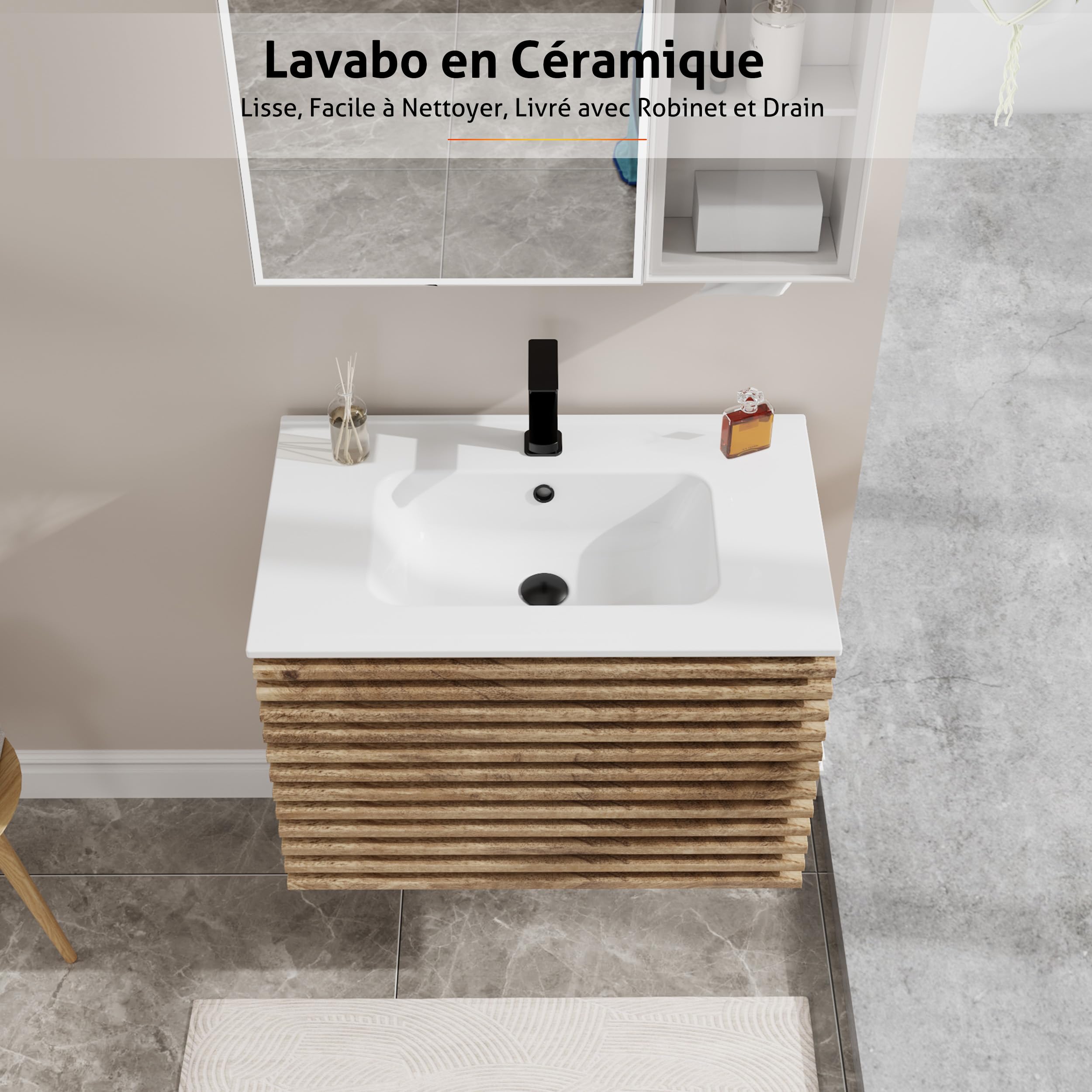 UEV Meuble Salle de Bain, avec Lavabo en Céramique, Lavabo Suspendu 75cm, 2 Tiroirs avec Système de Fermeture en Douceur, Grand Espace de Rangement, 75 x 45 x 46cm, Naturel