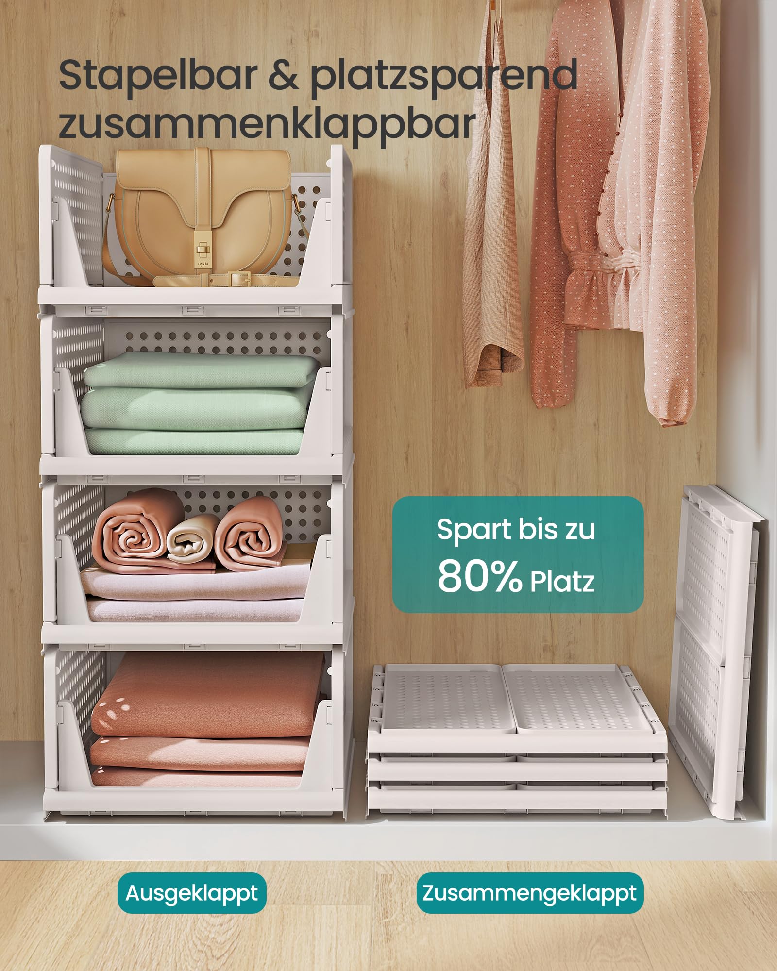 SONGMICS Schrank-Organizer 8er Set, klappbar, stapelbar, ausziehbarer Korb | Kleiderschrank-Organizer, Kunststoff, Aufbewahrung und Organisation, weiß, DENNYS Kollektion LPC800WZ01