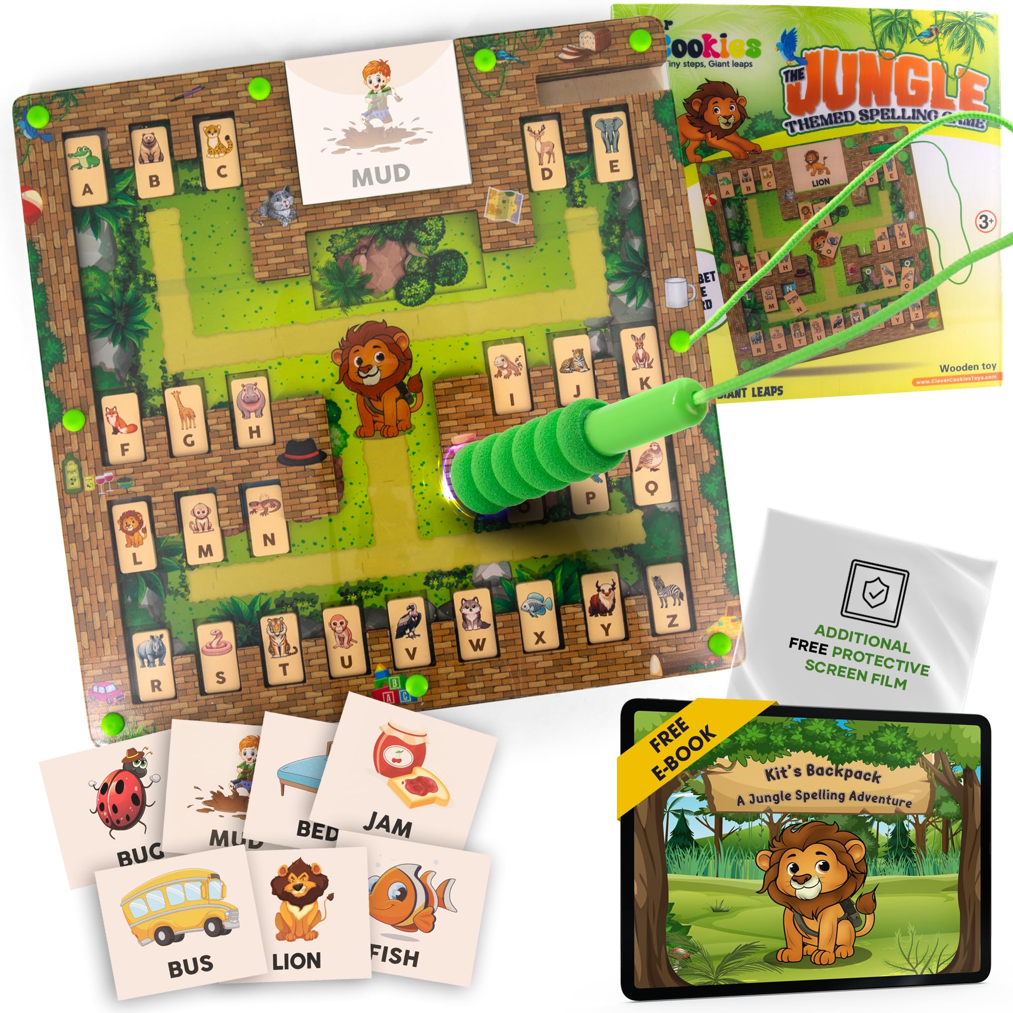 Clever Cookies Jungle Themed Magnetic Alphabet Maze Board – Wooden Spelling Game with Alphabet Pieces, Free Interactive eBook Kit’s Backpack – Free Screen Protector - Magnetic Maze for Kids Ages 3-5