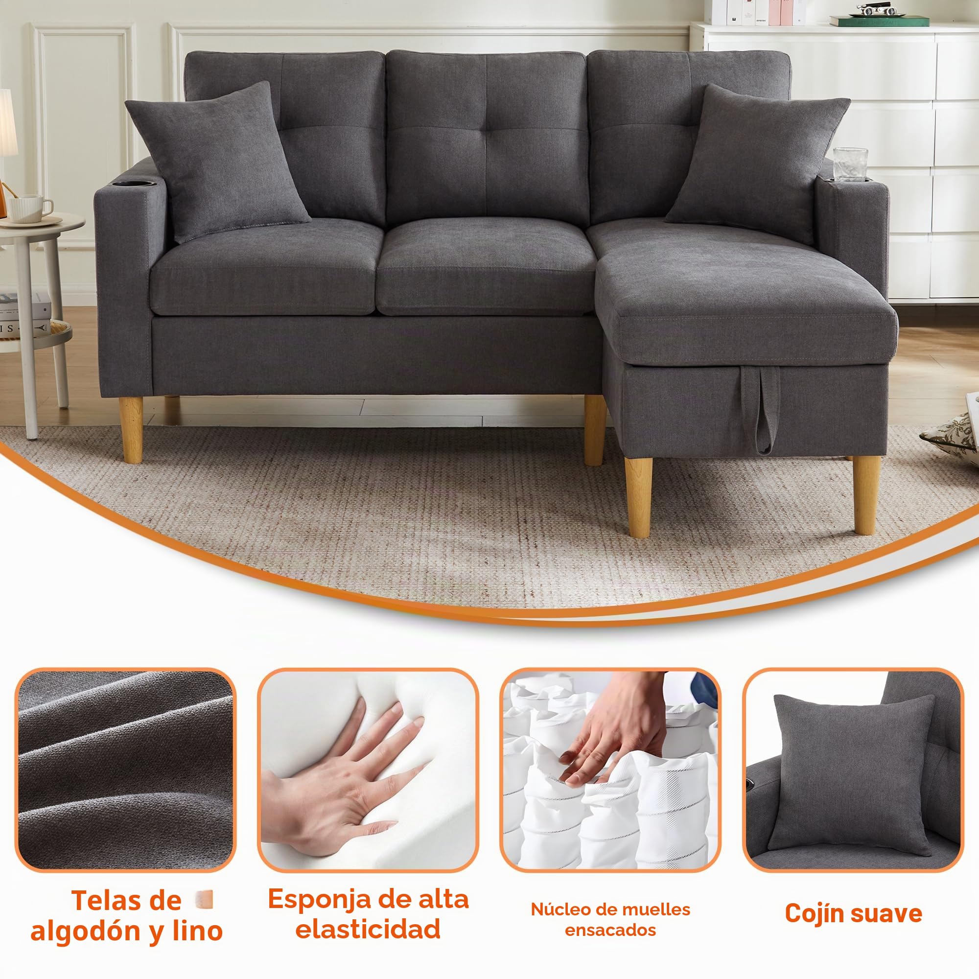 Sofá moderno en forma de L, sofá de 3 plazas con sillón reclinable con compartimento para objetos, portavasos, bolsillos laterales, 2 cojines, sofá esquinero, muebles de salón (gris)