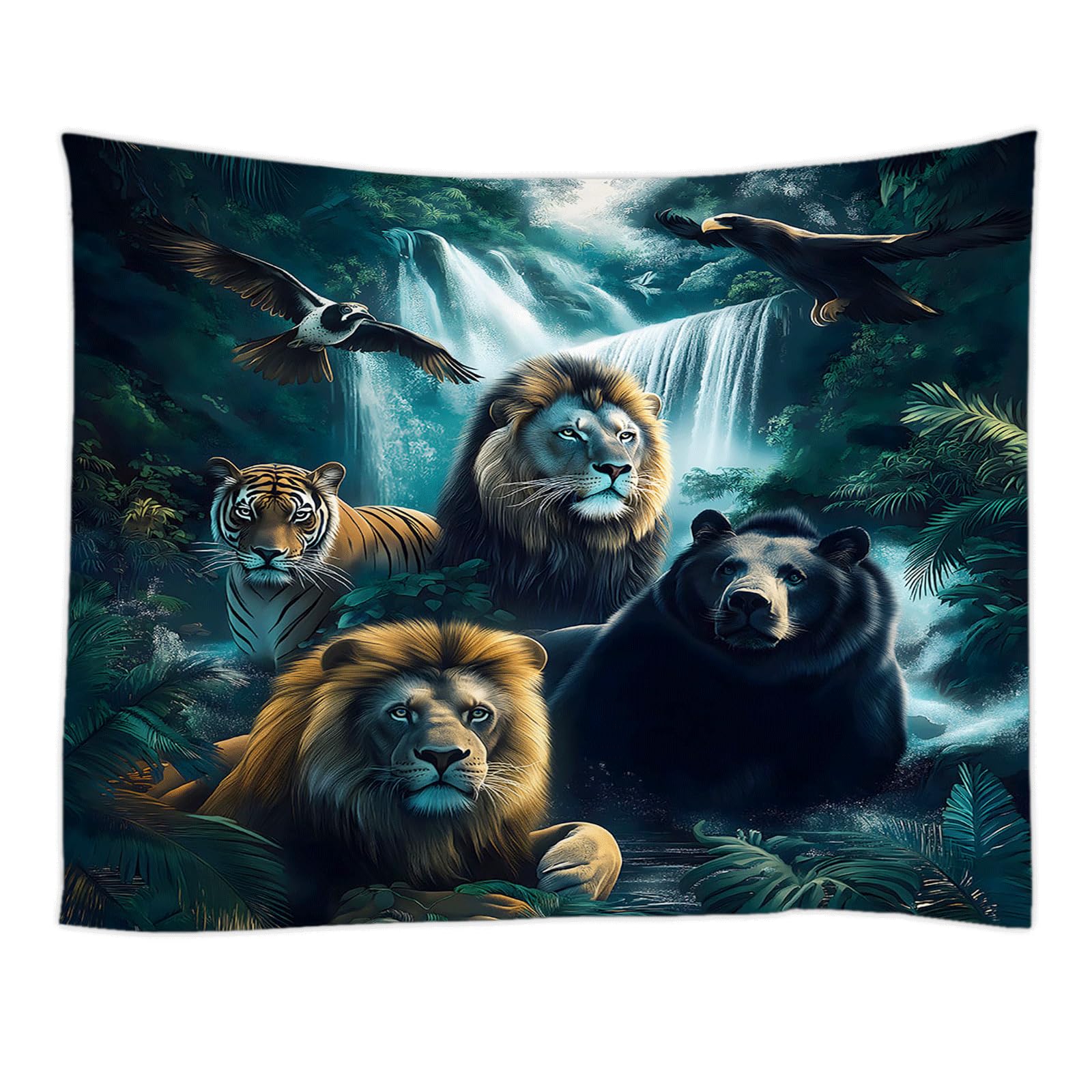 Jungle Animals Tapestry Wall Hanging Tropical Rainforest Waterfall Forest Wildlife Lion Tiger Eagle Black Bear Green Palm Leaf Safari Men Tapestries