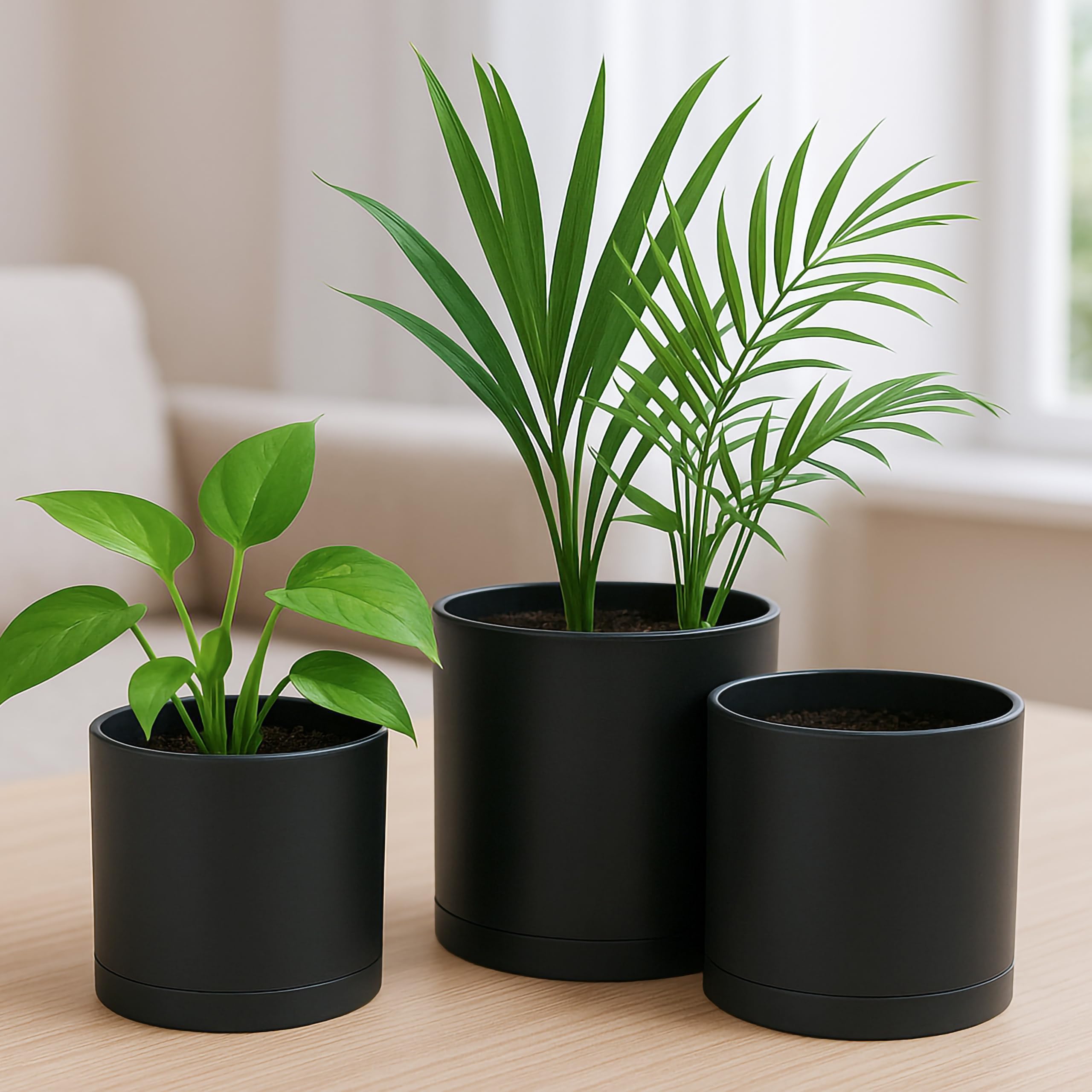 D'vine Dev 4 Inch 5 Inch 6 Inch, Set of 3 Plastic Planter Pots for Plants with Drainage Hole and Seamless Saucers - Image 4