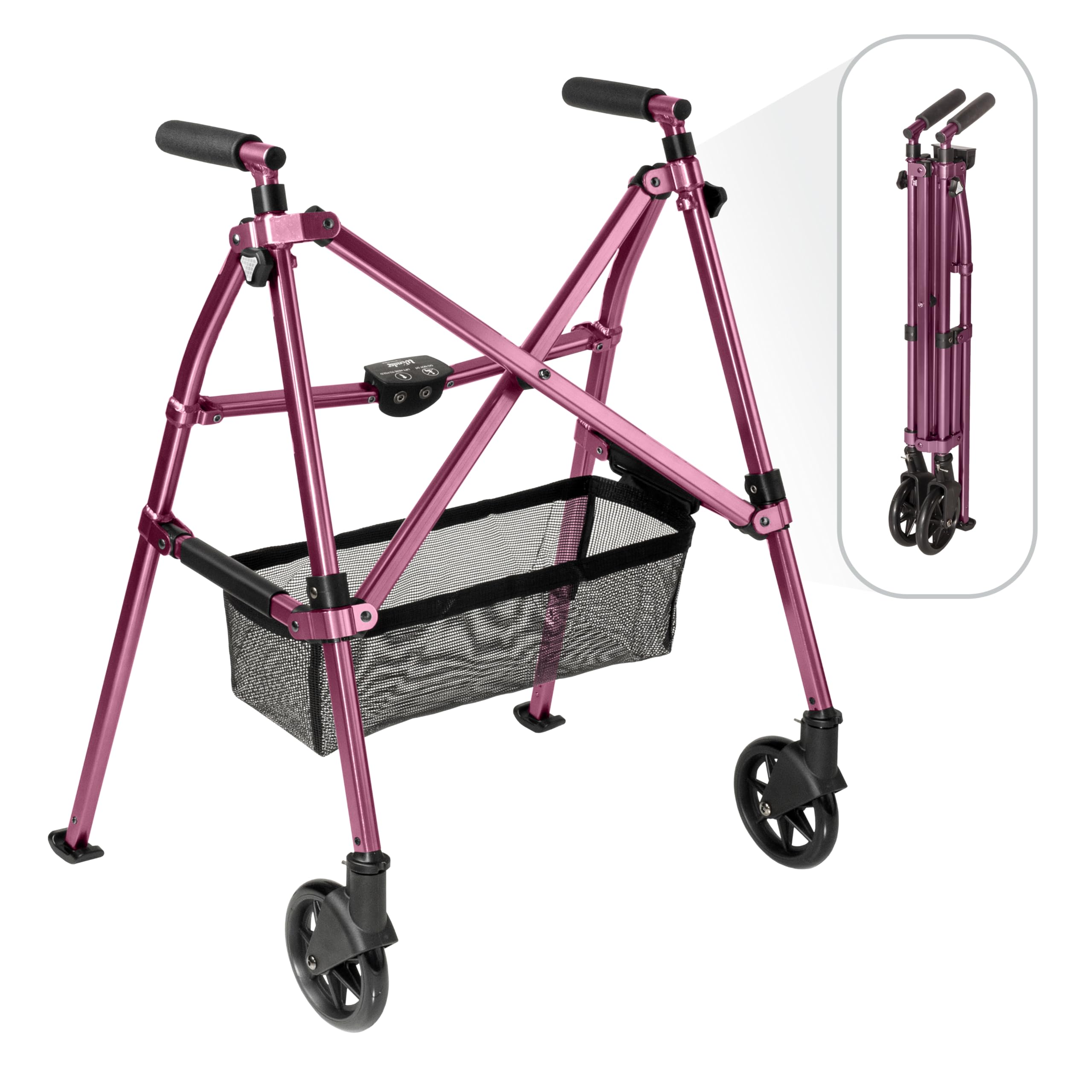 Stander EZ Fold-N-Go Walker Micro, Lightweight Folding Walker for Short Seniors with Swivel Wheels, Regal Rose (Eligible for VAT Relief in The UK)