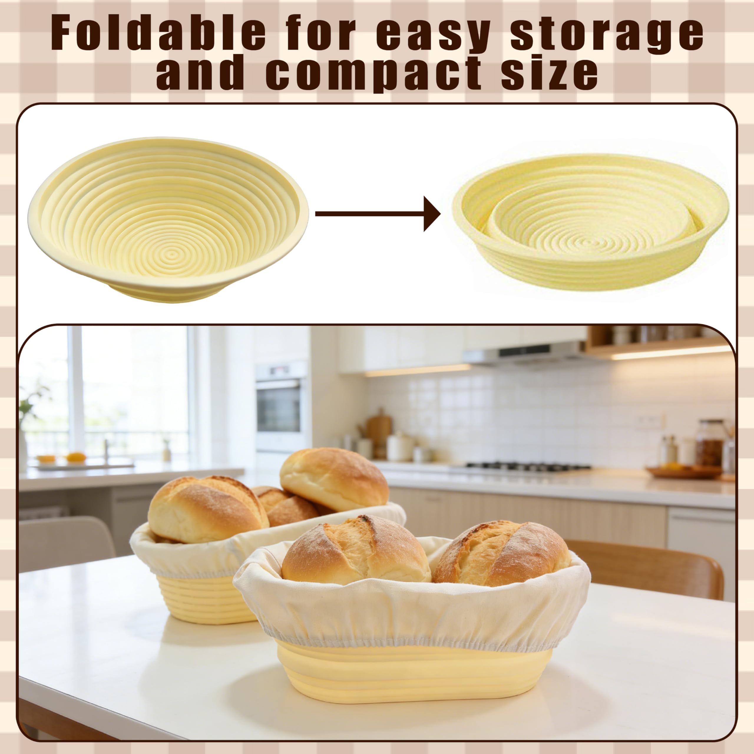 Silikon Brot Gärkorb Set (23 cm rund & 25 cm ovale) - Sauerteig-Gärkorb Inkl. Teigschaber, Rostmesser & Gärtuch – Faltbar, hygienisch, perfekt für Anfänger & Profis (10PS)