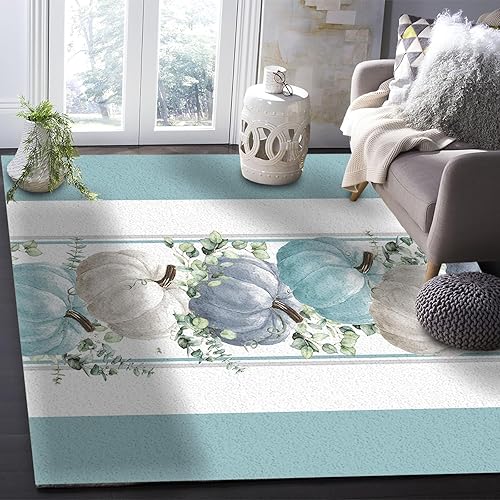 Miniatura 6 de Alfombra rectangular de otoño con forma rectangular de Acción de Gracias, 2 x 3 pies, color azul, gris, calabaza, hojas de eucalipto, rayas verde