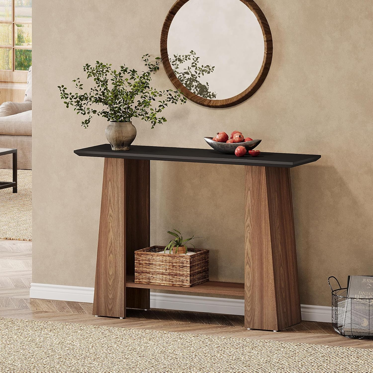 Tribesigns Mid-Century - Tavolino consolle sottile con 2 ripiani, 120 cm, moderno, in legno, per corridoio, dietro il divano, per soggiorno, corridoio, ingresso, piccoli spazi, nero e noce