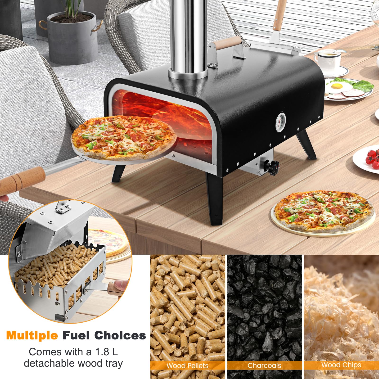 KOMFOTTEU Horno de Pizza para Exterior Portátil con Piedra y Termómetro