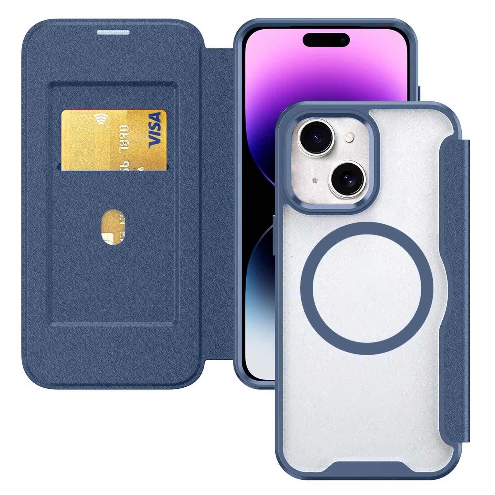 Custodia A Portafoglio Con Supporto Magnetico Per IPhone 15. Design Farfalla Blu, In Similpelle Con Slot Per Carte E Tasca. Protezione Antiurto Con Guscio In TPU. Angolo Visione Per Video. - 3