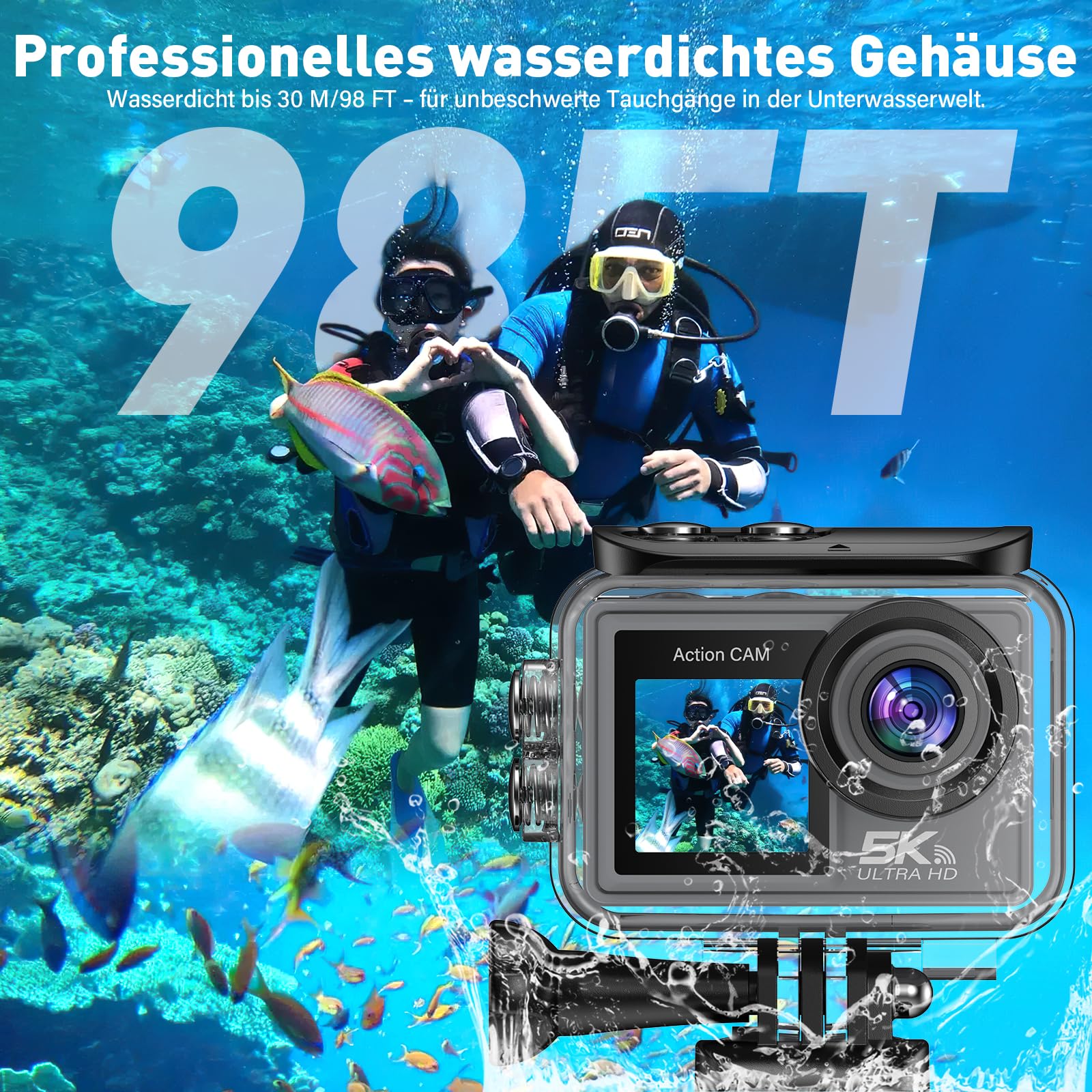Action Cam 5K/ 4K, 50MP 30M/98FT wasserdichte Unterwasserkamera mit 64GB SD Karte, EIS, WiFi, 170° Ultra-Weitwinke Action Kamera–Ideal für Fahrrad, Schnorcheln, Motorrad, helmkamera