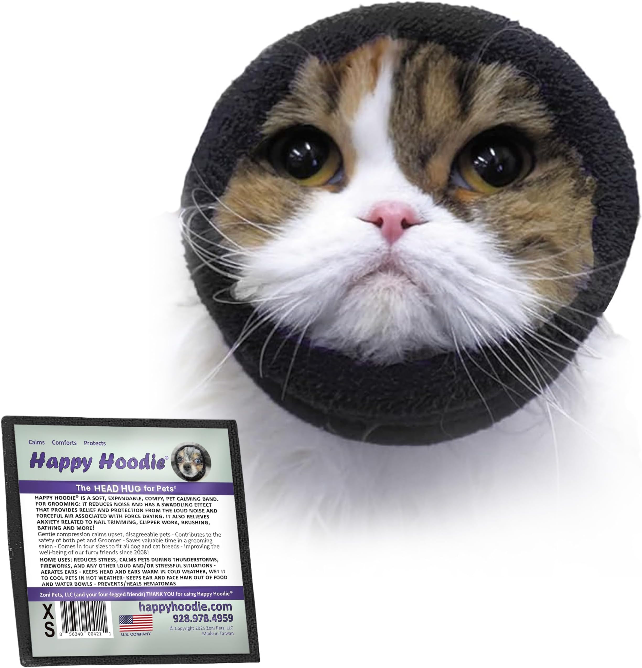 Happy Hoodie The Original Dog & Cat Calming Band - American Brand - Anxiety Relief/Noise Protection-Grooming-Thunder-Fireworks (XS, Black) - Since 2008