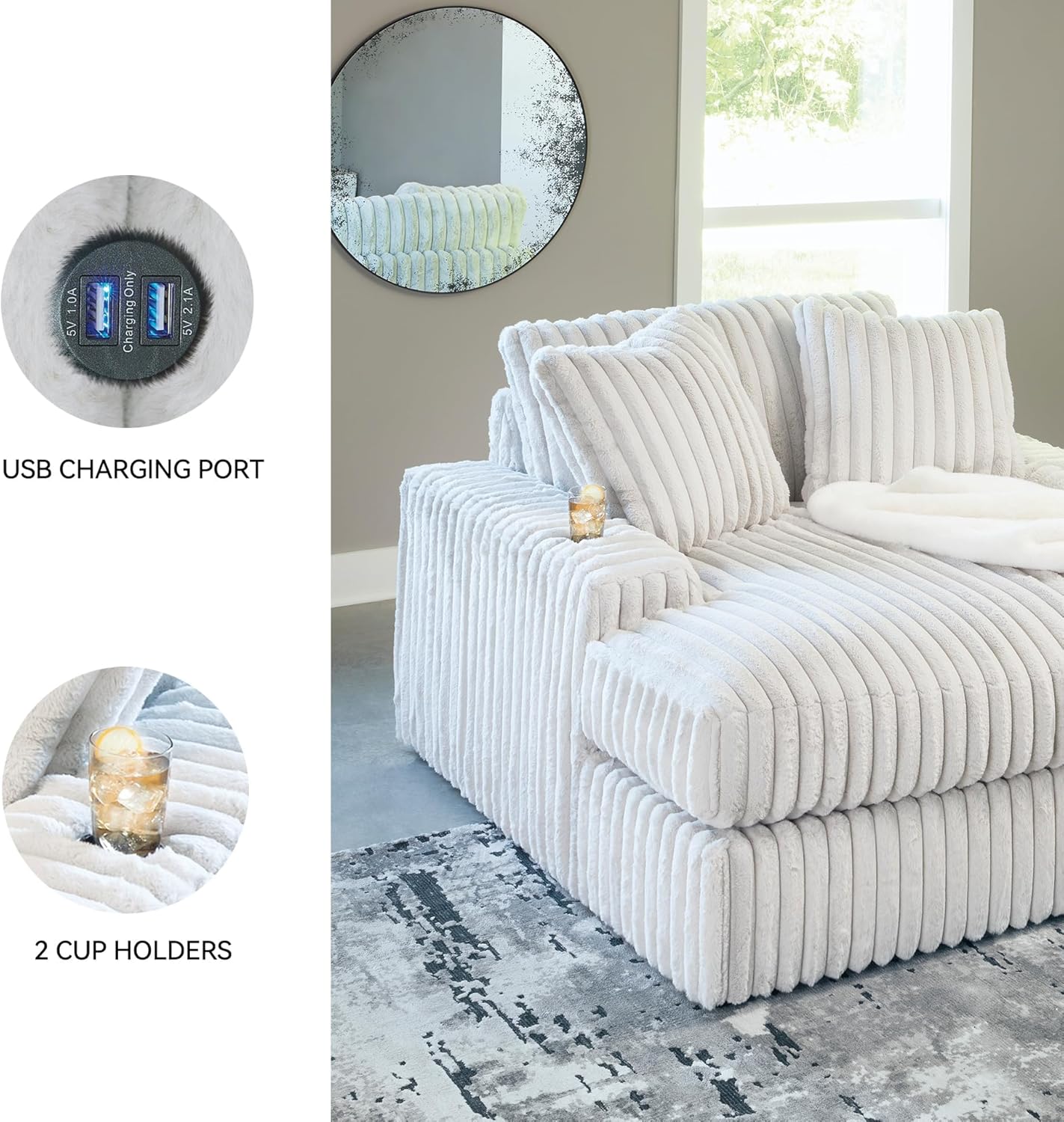 BOWERY HILL Oversized Chaise Lounge, 64" W x 68" D x 41" H, Polyester White Upholstery, Feather-Blend Cushions, USB Ports, Cup Holders, Non-Skid Legs, Contemporary Design for Living Room or Lounge