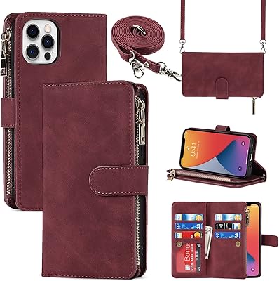 Jaorty iPhone 12 Pro Phone Case Wallet for Women Men with Credit Card Holder, iPhone 12 Crossbody Case with Strap Shoulder Lanyard, Zipper Pocket PU Leather Cases for iPhone 12 Pro,6.1 Inch Burgundy
