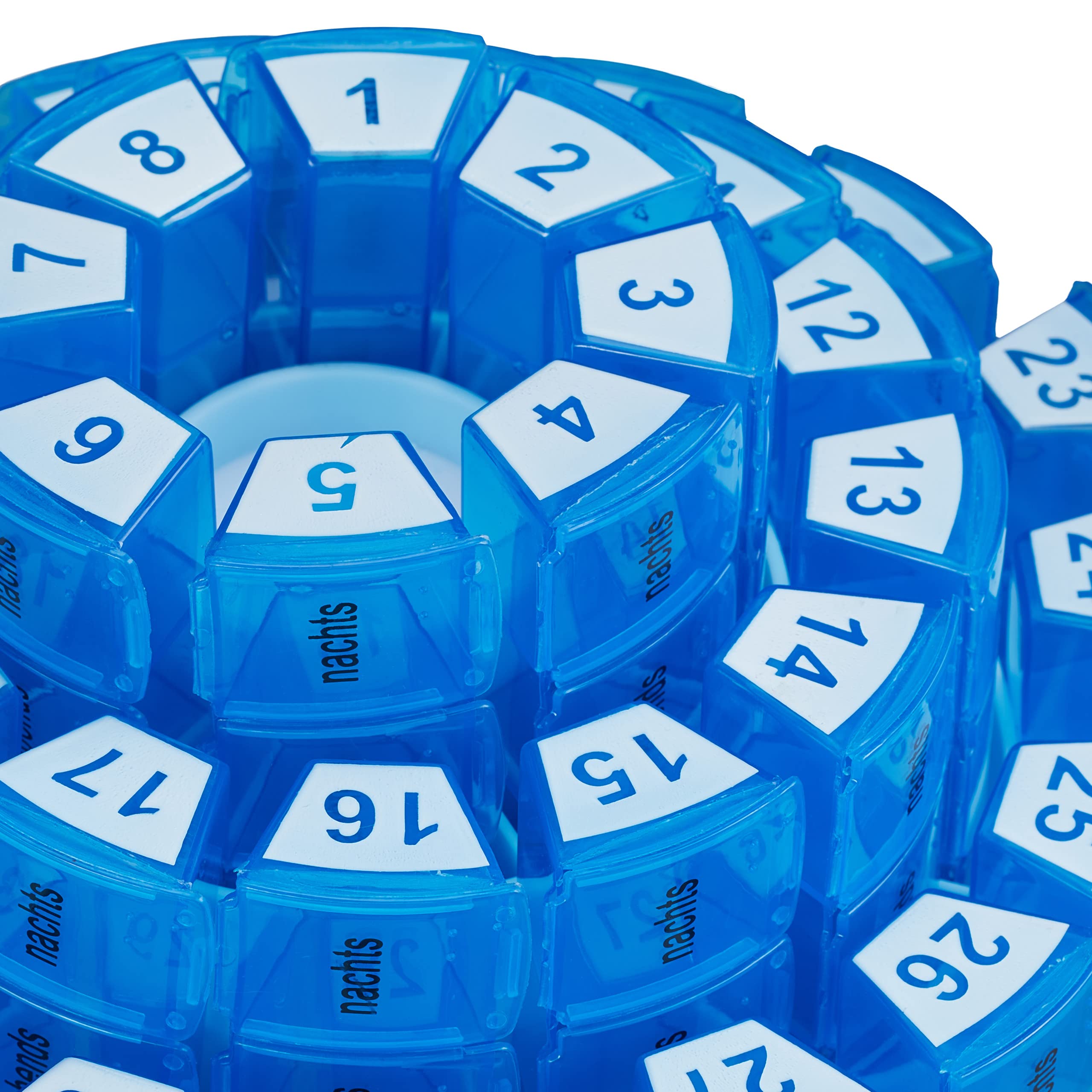 Relaxdays Pastillero Mensual, Organizador Pastillas Grande, 31 Días, 4 Tomas, Plástico sin BPA, Soporte, Blanco y Azul