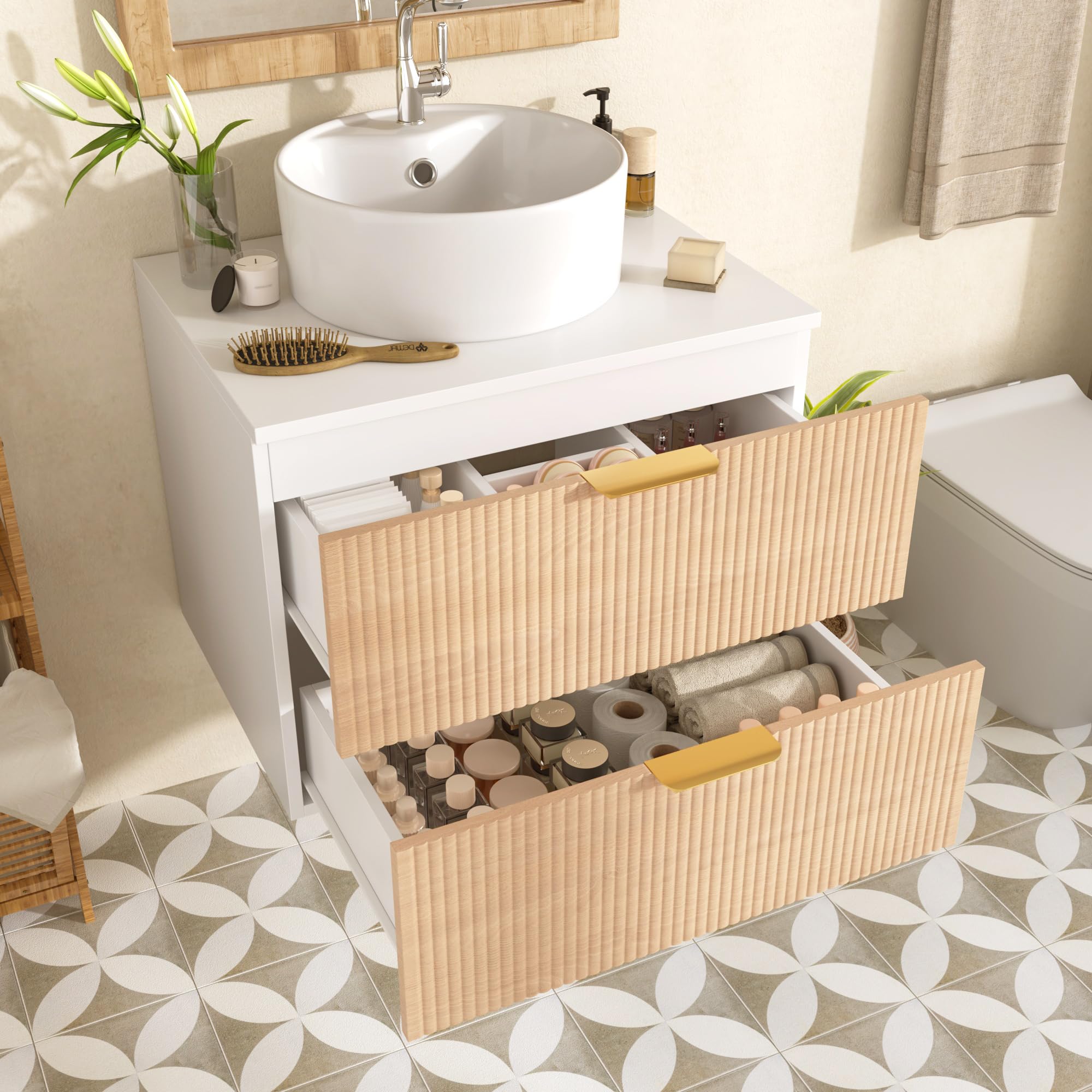 Mueble de baño redondo de cerámica de 60 cm montado en la pared con cajones de madera con diseño de rayas, tablero MDF, capacidad de almacenamiento: 2 cajones + encimera, madera natural
