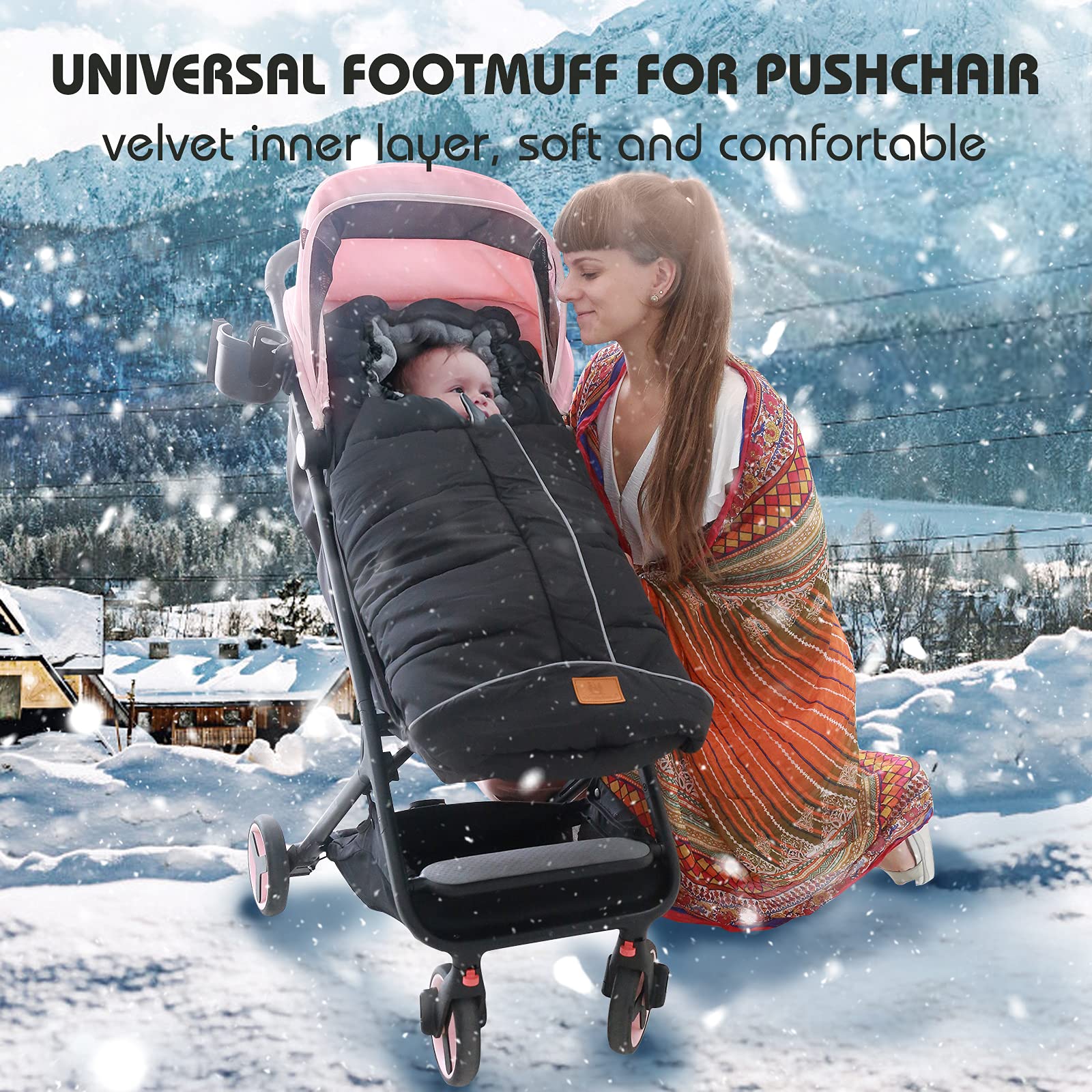Chancelière Universelle pour Poussettes Lits Bébé, Chanceliere Bebe Poussette Hiver Chaud Imperméable, en Polaire, Amovible, Antidérapant (Noir)