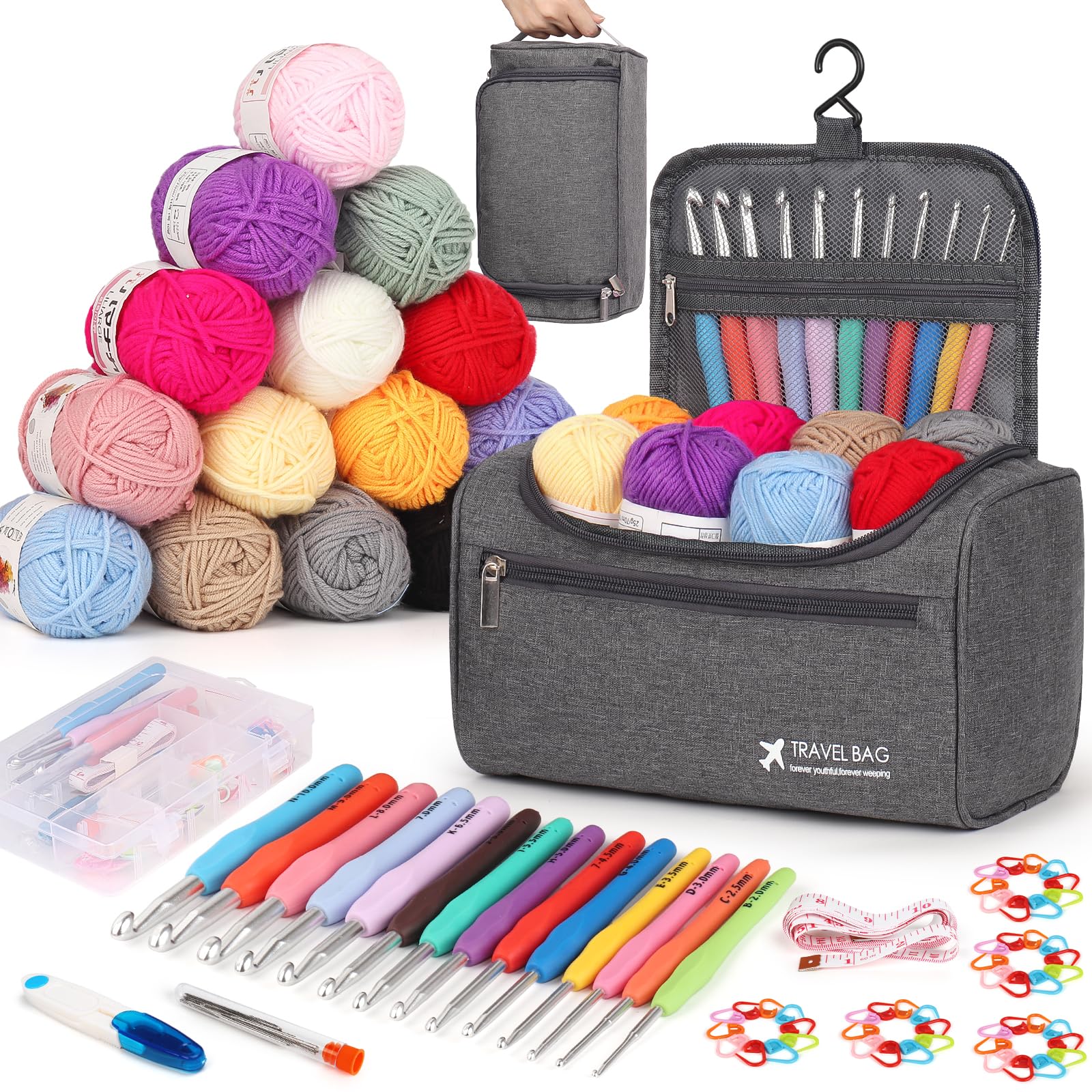 Reessy Crochet Kits for Beginners Adults Complete Crochet Kit with 15Pcs × 25g Yarn14 Size Ergonomic Metal Crochet Hooks 2.0-10.0mm Storage Bag
