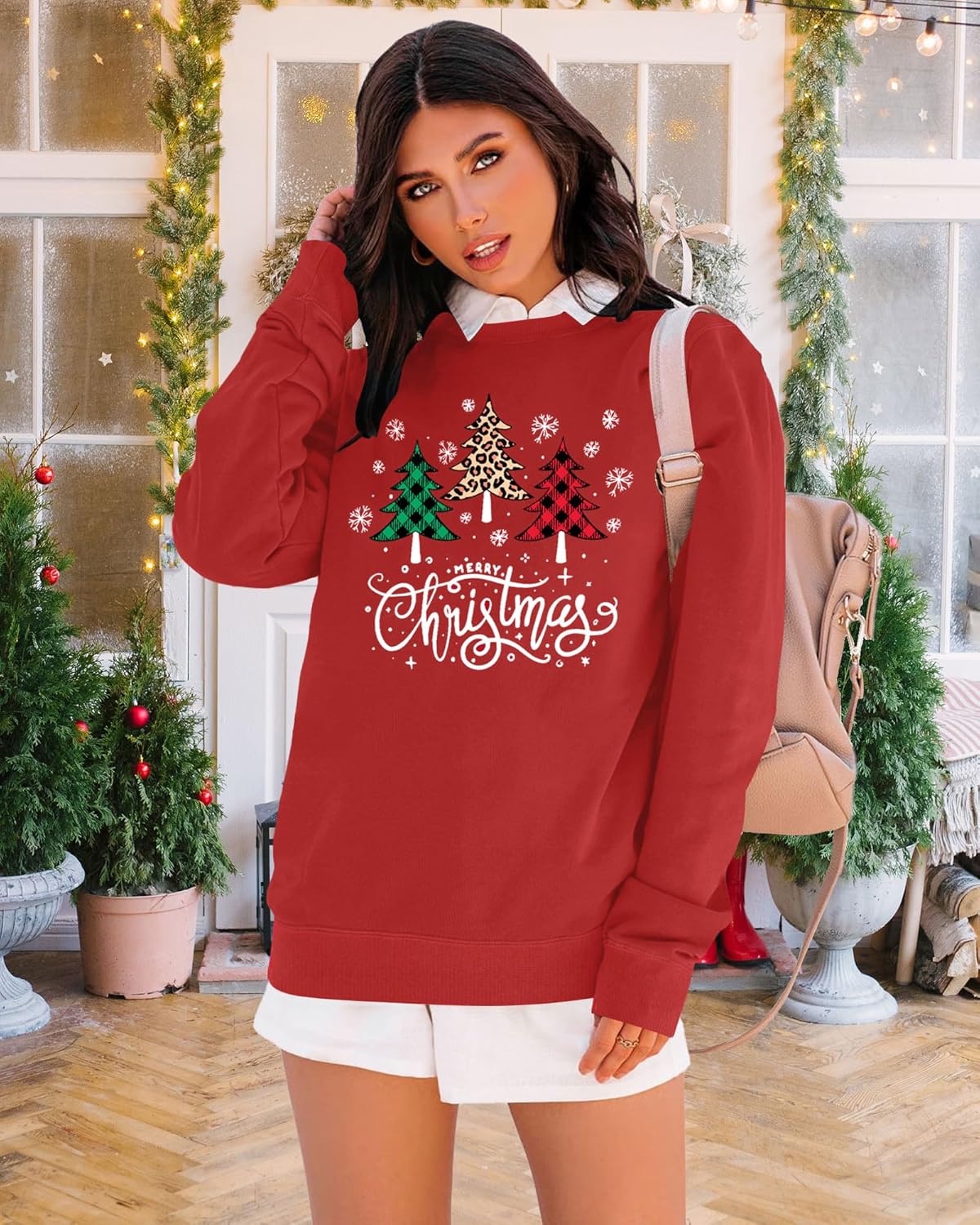 NEWWEN Christmas Sweatshirts for Women Christmas Tree Leopard Plaid Graphic Sweatshirt Xmas Holiday Party Gift Pullover Tops - Image 2