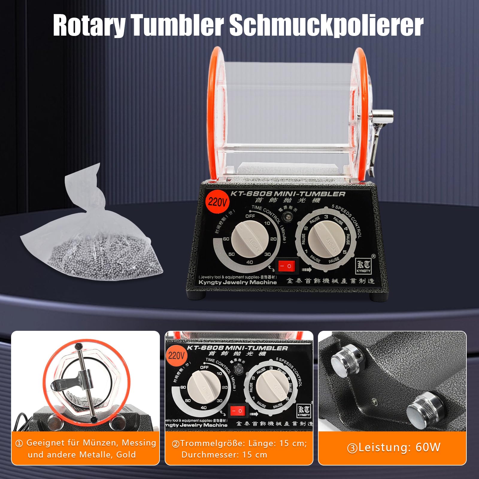 3Kg 220V Elektrische Rotationspolierer, Rotary Tumbler Schmuck Polierer, Schmuck Polieren Trommel Kugelmühle Gerät, Kugelmühle Trommel Polierer 5 Geschwindigkeiten mit Timer Polisher