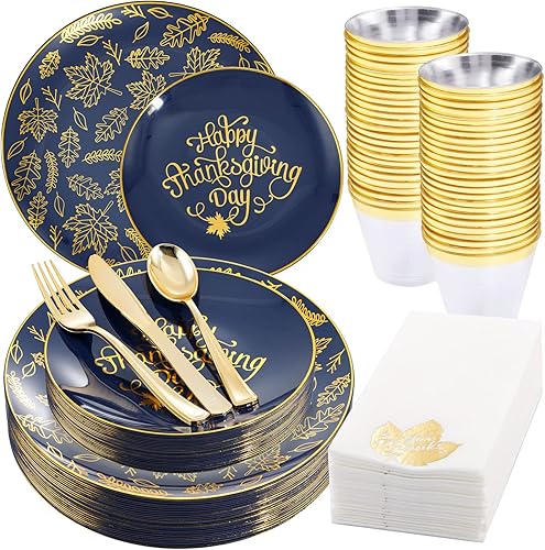 Morejoy 175 platos de plástico de Acción de Gracias, los juegos de vajilla de Acción de Gracias azul dorado incluyen 25 platos de cena, 25 platos de