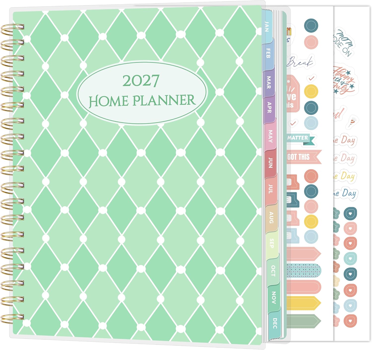 SUNEE Home Planner 2027, Work from Home Planner w/Stickers, JAN 2027 - DEC 2027, Daily Checklist, Monthly Budget Worksheet, Monthly &Weekly Calendar, Ideal for Gift, Poly Laminated Cover, Mint Lattice