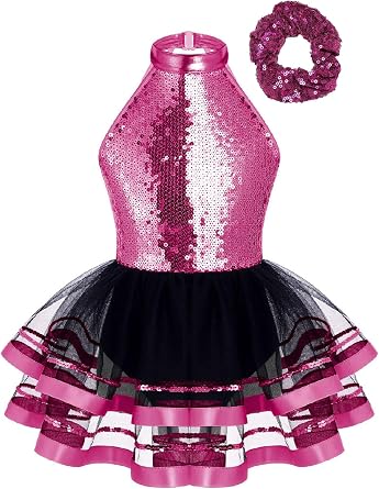 Kids Girls Sequins Ballet Dance Dress Tutu Skirt Leotard Jazz Latin Ballerina Costume with Hair Scrunchie