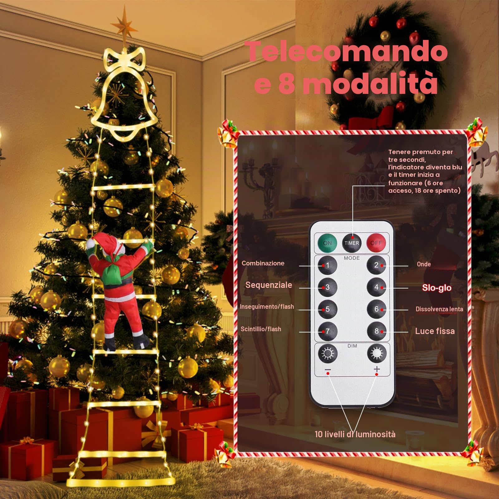 SelfTek Luci Decorative Natalizie a Scala con Babbo Natale Rampicante, Decorazioni Natalizie a LED con 8 Modalità di Luce per Interno, Esterno, Giardino (160cm/5.25ft, Bianco Caldo)