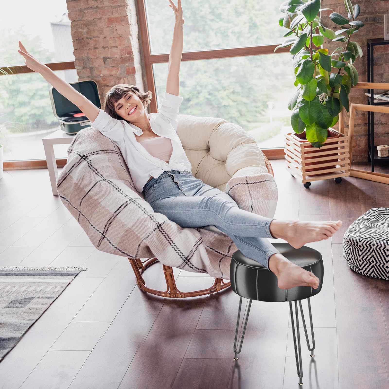 YMYNY Sgabello Rotondo, Stile Ottomano Zucca, Sgabello Cambio Scarpe Con Gambe In Metallo Regolabile 360 ° Superficie In Pelle Cerata Sedia Per Camera Da Letto, Soggiorno 32 x 32 x 44CM Nero HBD036B