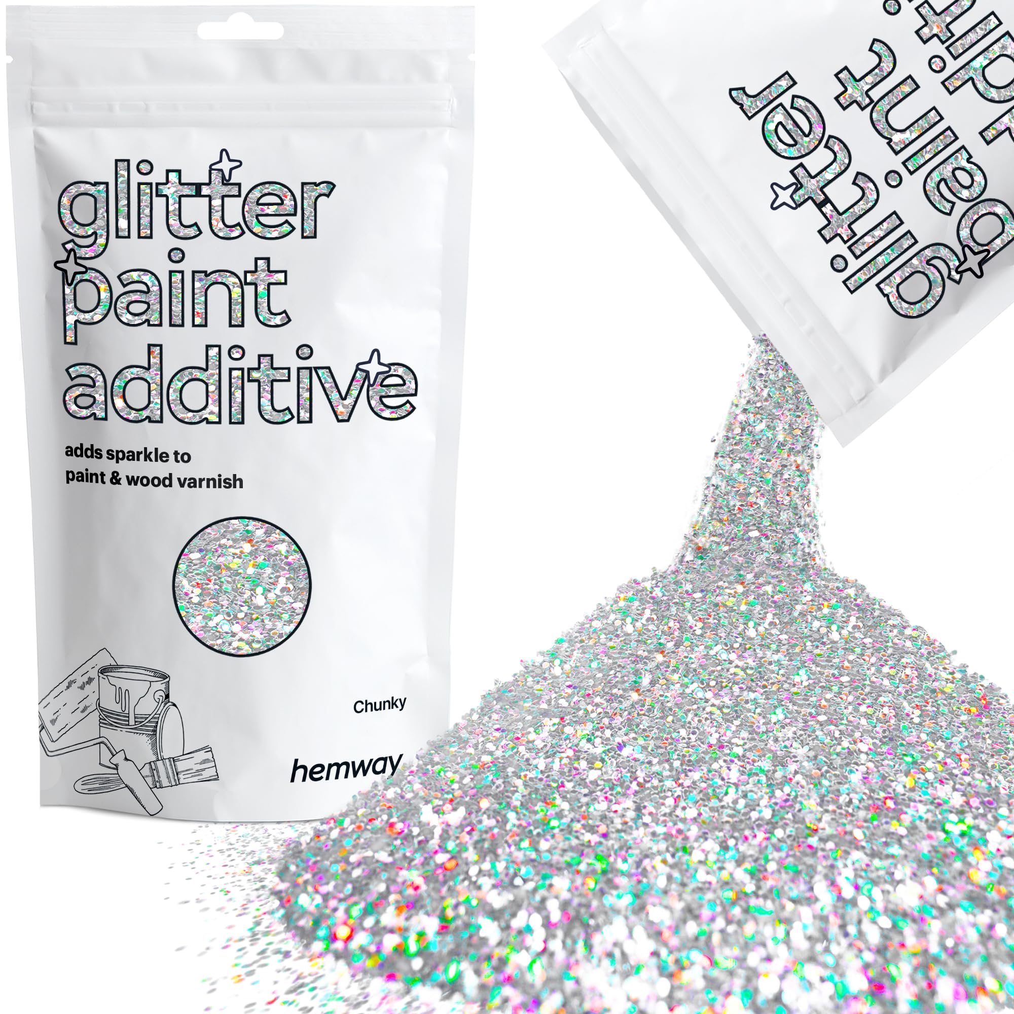 Hemway Glitter Paint Additive - Silver Holographic | 100g Chunky Metallic Flakes for Adding Sparkle to Paints & Wood Varnish | Add to Emulsion, Acrylic & Latex for Indoor Sparkly Walls