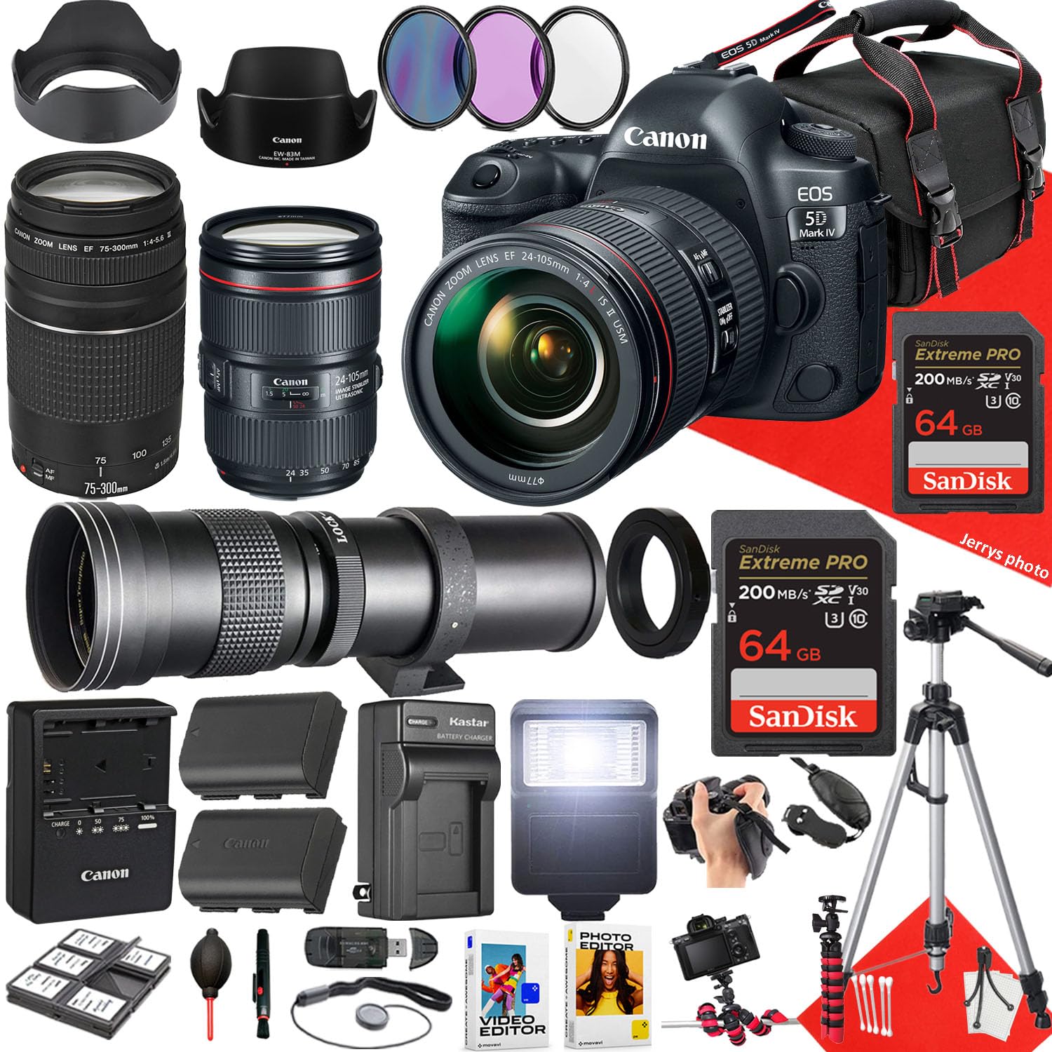 Canon EOS 5D Mark IV DSLR Camera with EF 24-105mm f/4L is II USM, EF 75-300mm f/4-5.6 III and 420-800mm f/8.3 HD Lens + 128 GB Memory + Filters + More (39pc Bundle) (Renewed), Black
