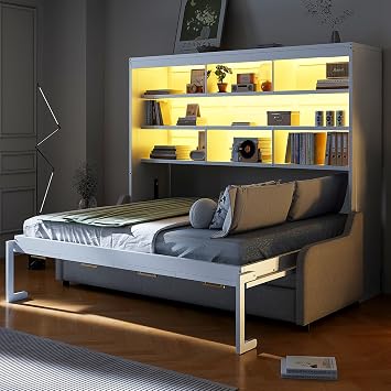 Full Size Murphy Cabinet Bed with Folding Sofa,Built-in Storage Shelves and LED Light, Multifunctional Cabinet Folding Wall Bed for Guest-Room, Office Beige2, Full