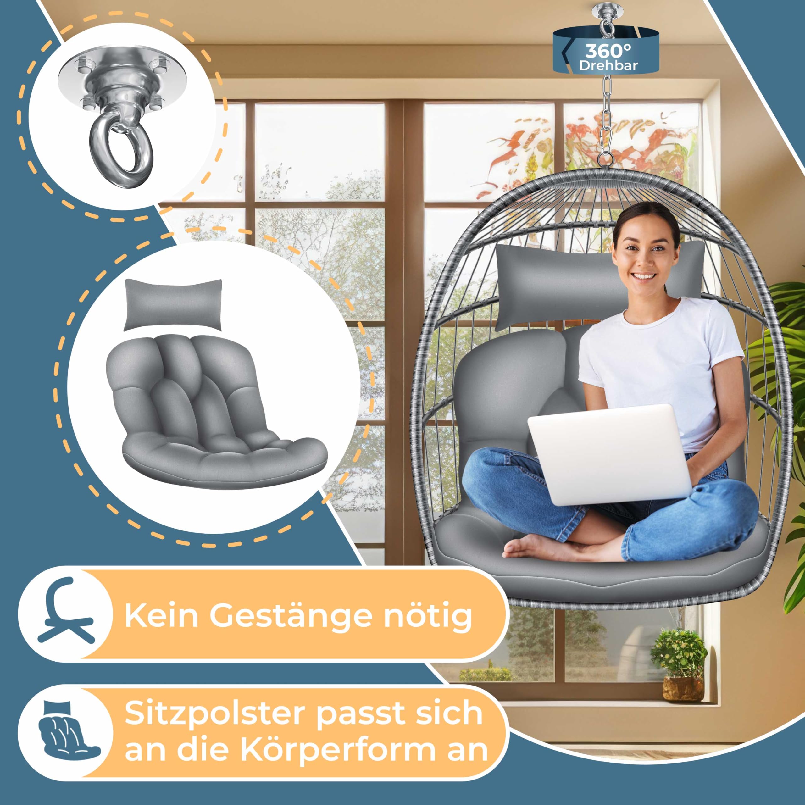KESSER® Hängesessel Jungle mit Gestell Stahl Hängekorb Sessel Großen Kissen + Decken Halterung + Cover Hängeschaukel Hängesitz Indoor - Outdoor Schaukel Hängestuhl für Kinder und Erwachsene, Grau