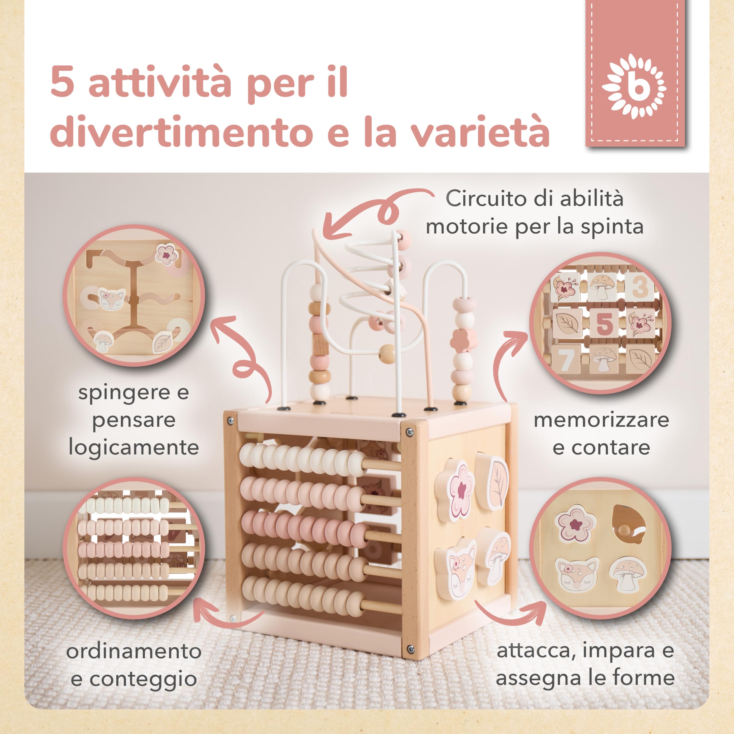 Bieco REH Ella - Cubo motorio in legno sostenibile FSC®, giocattolo per bambini, a partire da 1 anno, cubo di attività Montessori