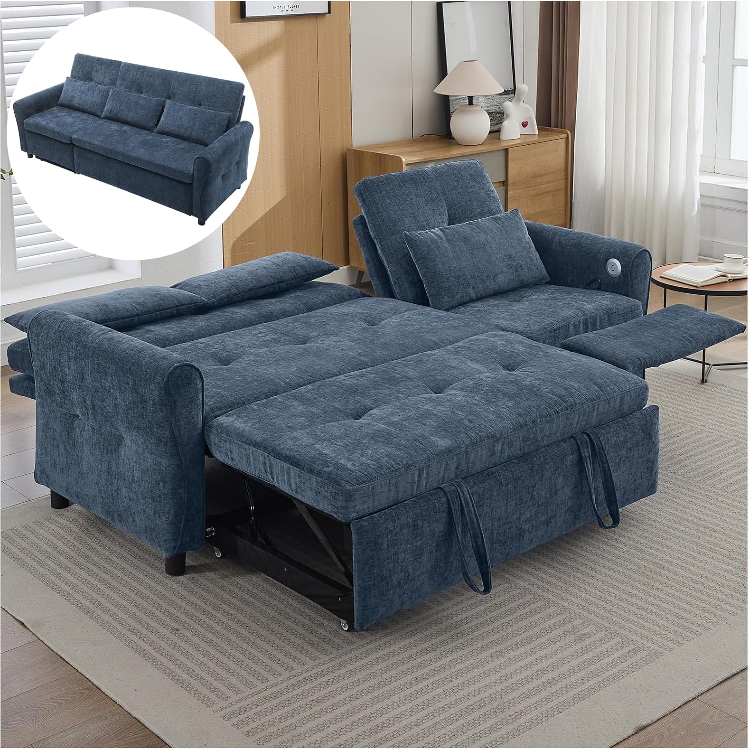 Recliner Sofa Bed, 2-in-1 Convertible Couch with Pull Out Bed and Reversible Recliner, Chenille Multi-Functional 3-Seater Sofa with USB Ports for Living Room Apartment, Orange