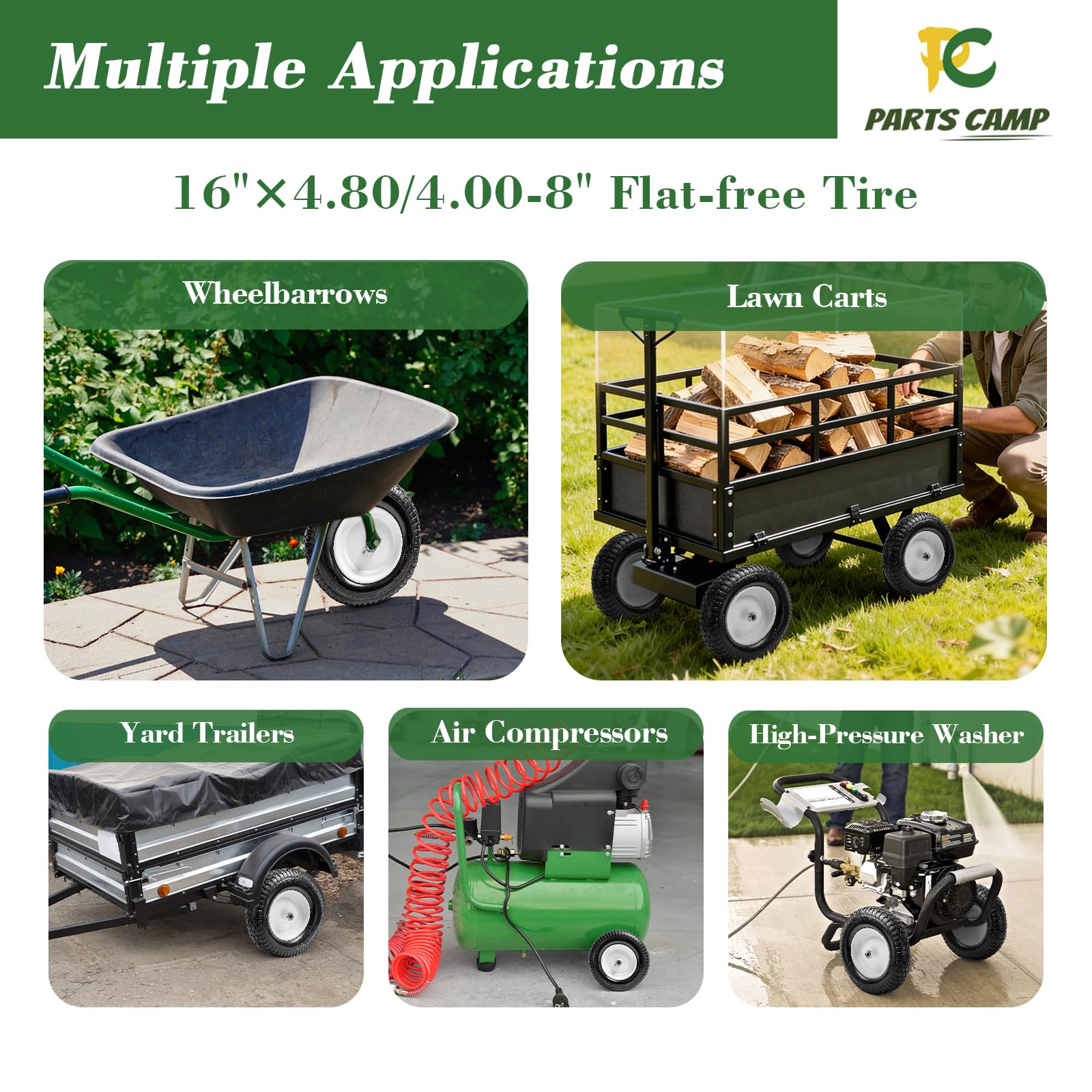 Parts Camp 12,9 cm / 4,8 - 20,3 cm flache Schubkarrenreifen und Rad – 40,6 cm universelle Passform für Gartenwagen, Wagen, Trolley, Dolly – 1,6 cm & 3/4 Zoll Lager, 7,6 cm zentrierte Nabe (2 Stück)