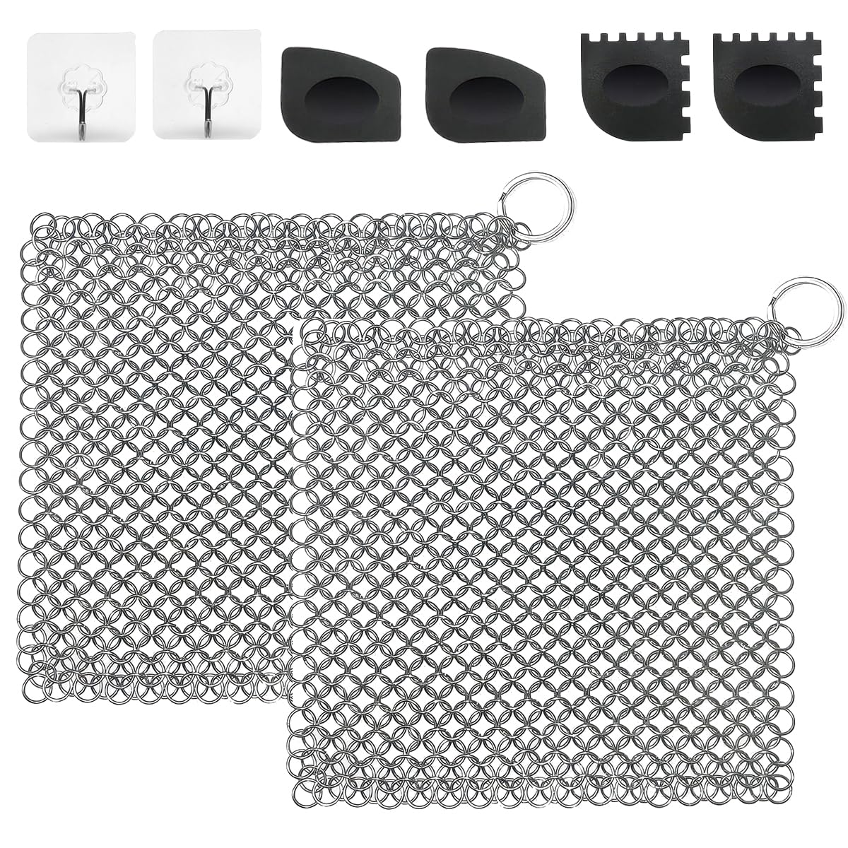 2 sztuki 304 szczotek do czyszczenia żeliwnych pierścieni 10 x 10 cm | Z plastikowym skrobakiem do grilla i samoprzylepnymi haczykami