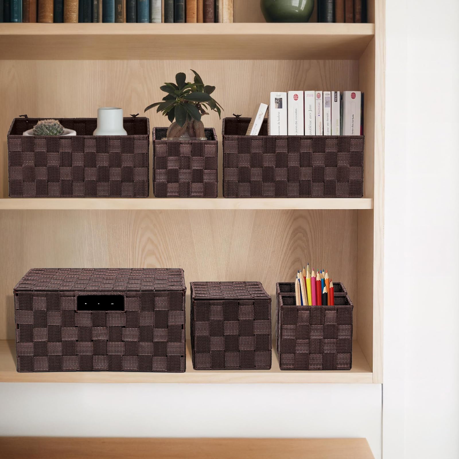 Lote de 8 Cajas de Almacenaje, Cesta para El Baño, Cestas de Polipropileno Tejido, Varios Tamaños, 4 con Tapa 4 sin Tapa, Moderna Caja de Almacenaje para Armarios, Tocadores (Marrón)