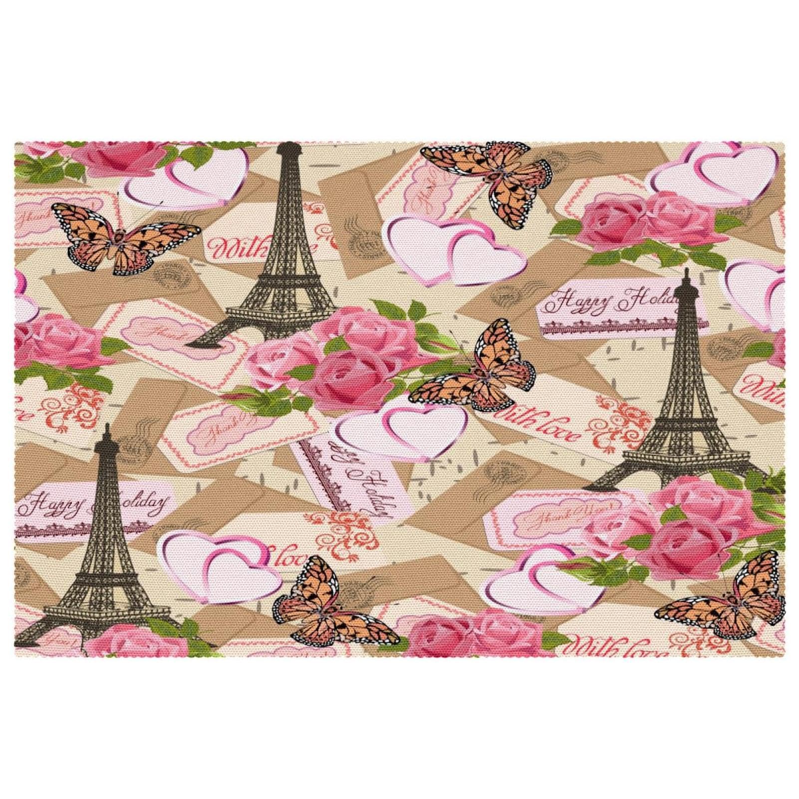 Set de table Paris avec rose et papillon en tissu Oxford résistant x4