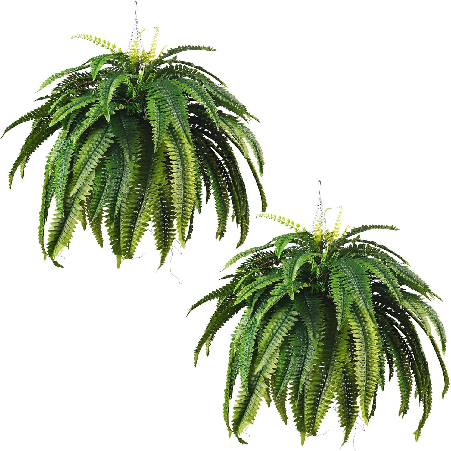 QIANYUN 2PCS Fake Hanging Plant-30Inch UV Resistant Boston Fern for Bedroom Living Room Garden Decor- Including Hanging Planters (Dark Green)