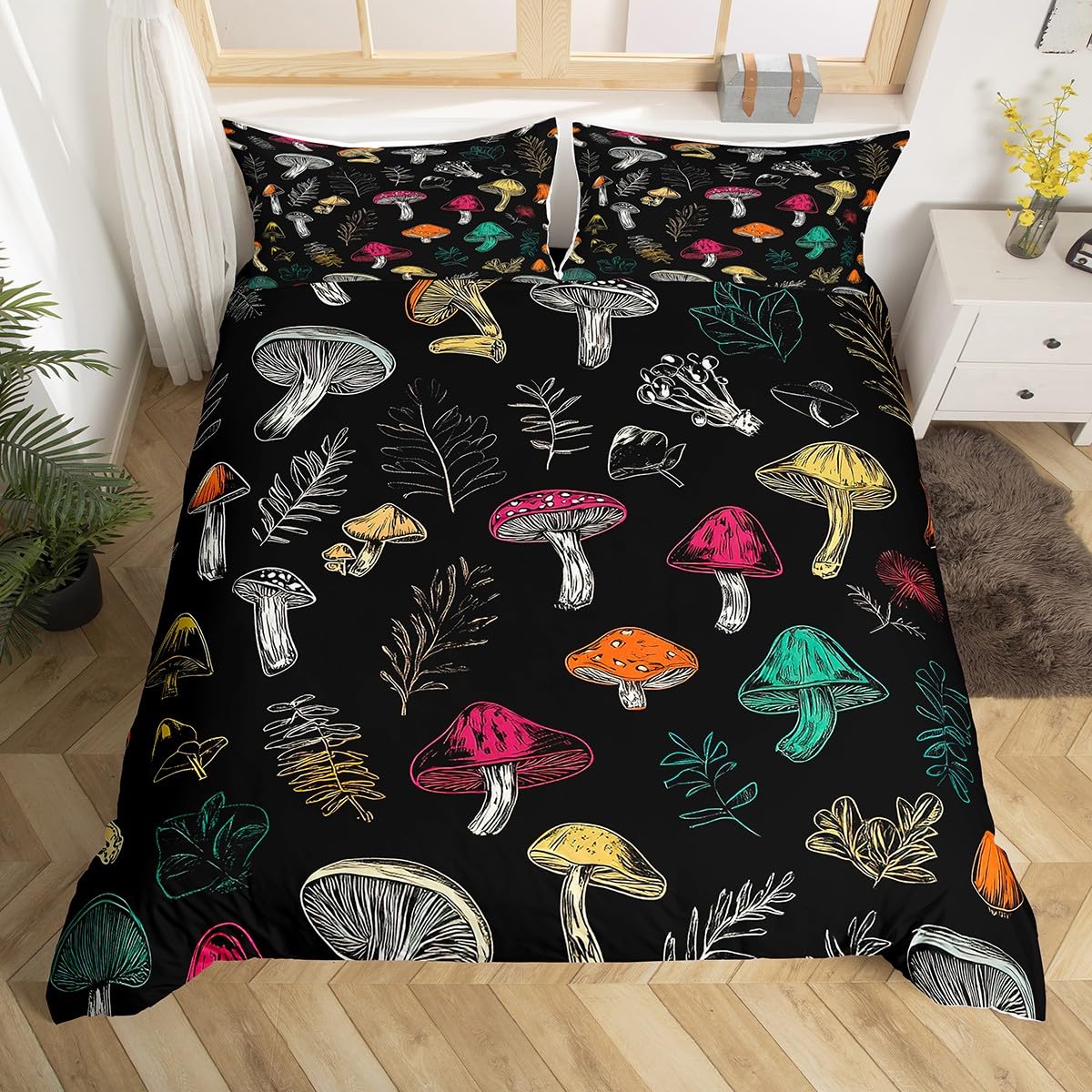 Mushroom Bedding Set for Boys Girls Boho Exotic Gothic Style Duvet Cover Double Bohemian Flowers Comforter Cover Western Decor Bedspread Cover Rustic Farmhouse Floral Bedding