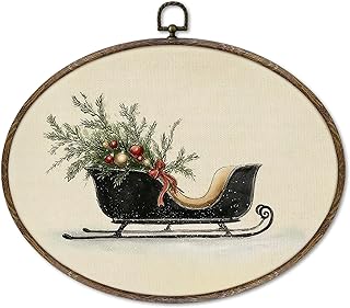 XNXLDYLH Vintage Christmas Sleigh Oval Framed Wall Art Decor, Antique Rustic Santa Sleigh Christmas Hanging Wall Decor Decorations, Retro Farmhouse Holiday Canvas Prints Wall Art Paintings, 11.5x8.5In