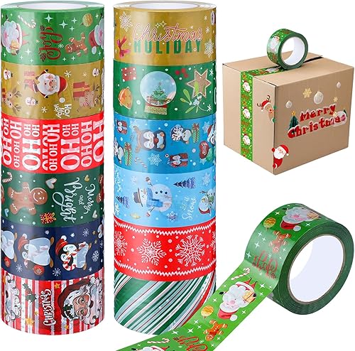 Eersida Cinta adhesiva con patrón navideño de 393 yardas, 12 rollos de 2 pulgadas de ancho, cintas de embalaje de Navidad impresas para cajas de