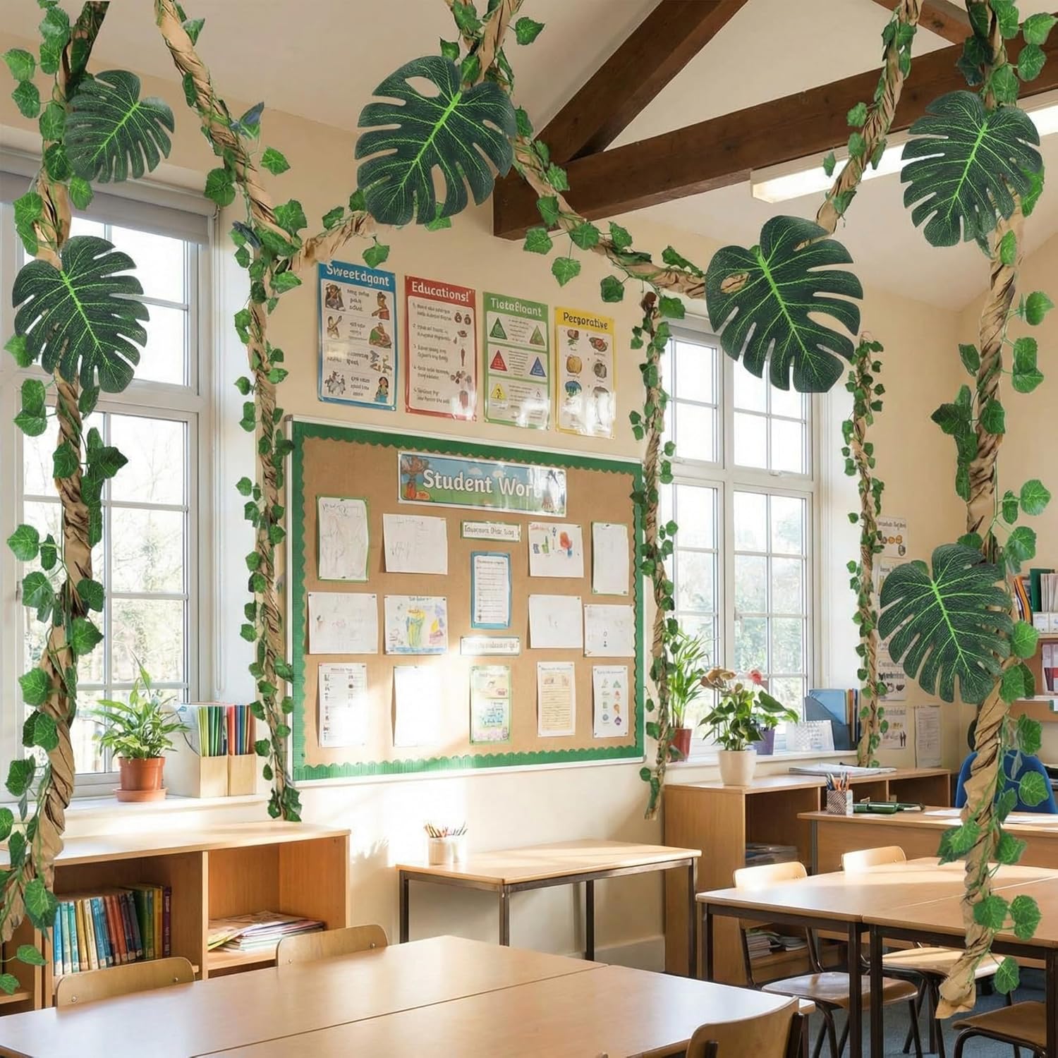 1 Set Jungle Theme Party Decoration Vine for Room Decor Safari Rainforest Leaf with 98 ft Kraft Paper Artificial Ivy Greenery Garland Fake Tropical Palm Leaf Garden Indoor Classroom (Modern)