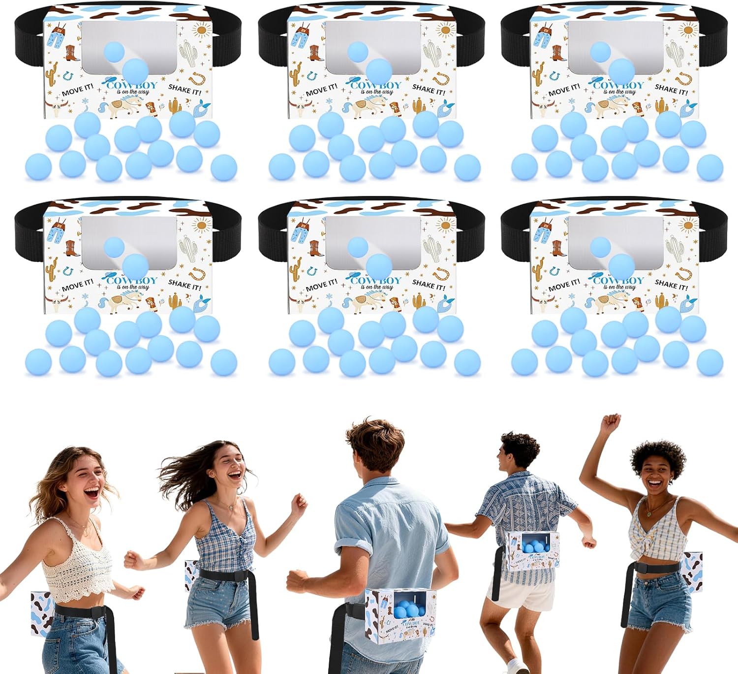 6 Set Cowboy Baby Shower Games Swing Shaking Balls Game for Adult Includes 60 Balls,6 Paper Boxes, 6 Belts Table Tennis Twerk Game Supply for Outdoors Indoors