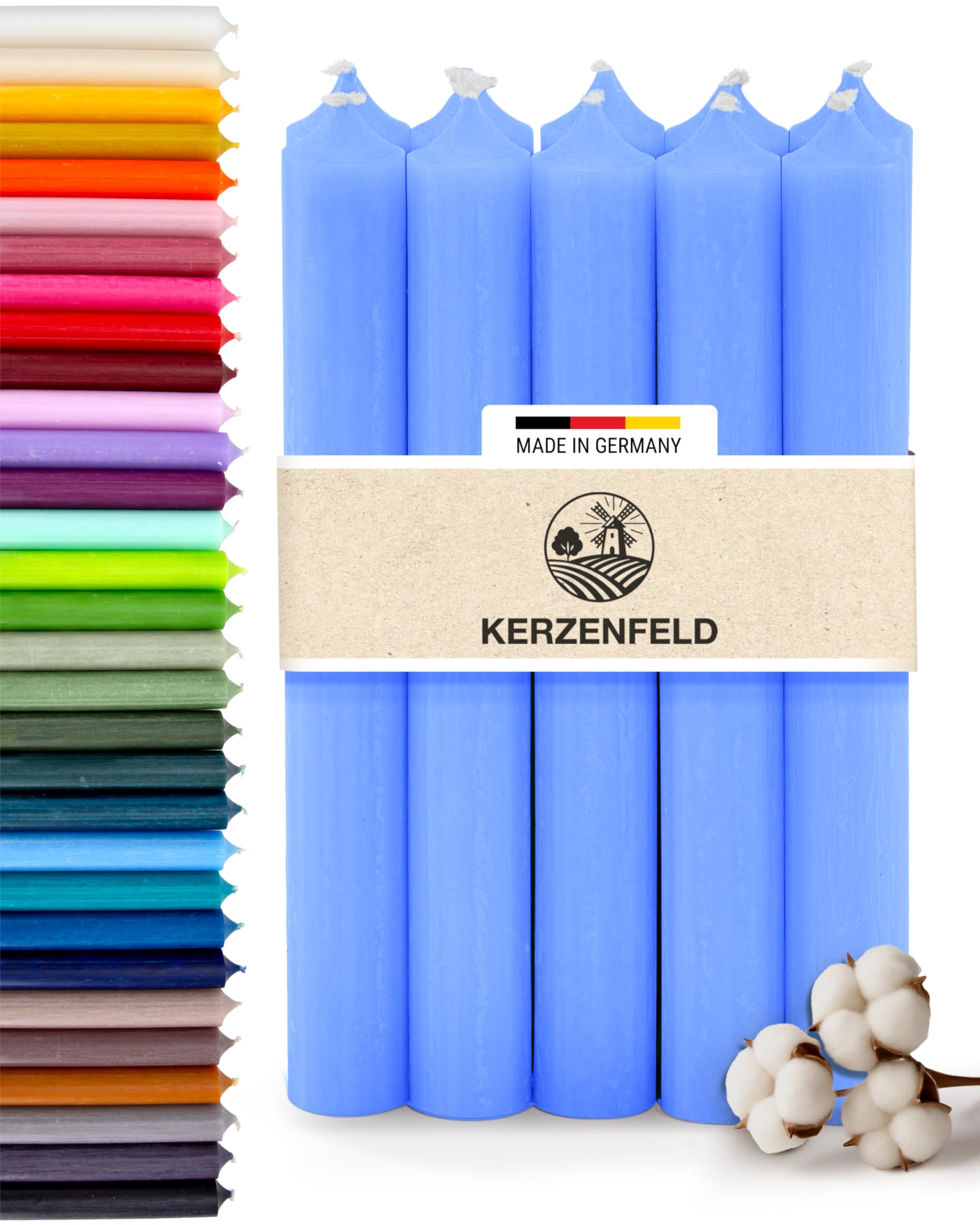 Stabkerzen Blau, 10 Stück, 180mm x 22mm, Durchgefärbte Spitzkerzen, 8+ Stunden Brenndauer, Made in Germany - Ohne Tropfen & Rußen - Unparfümierte und RAL-Zertifizierte Tafelkerzen