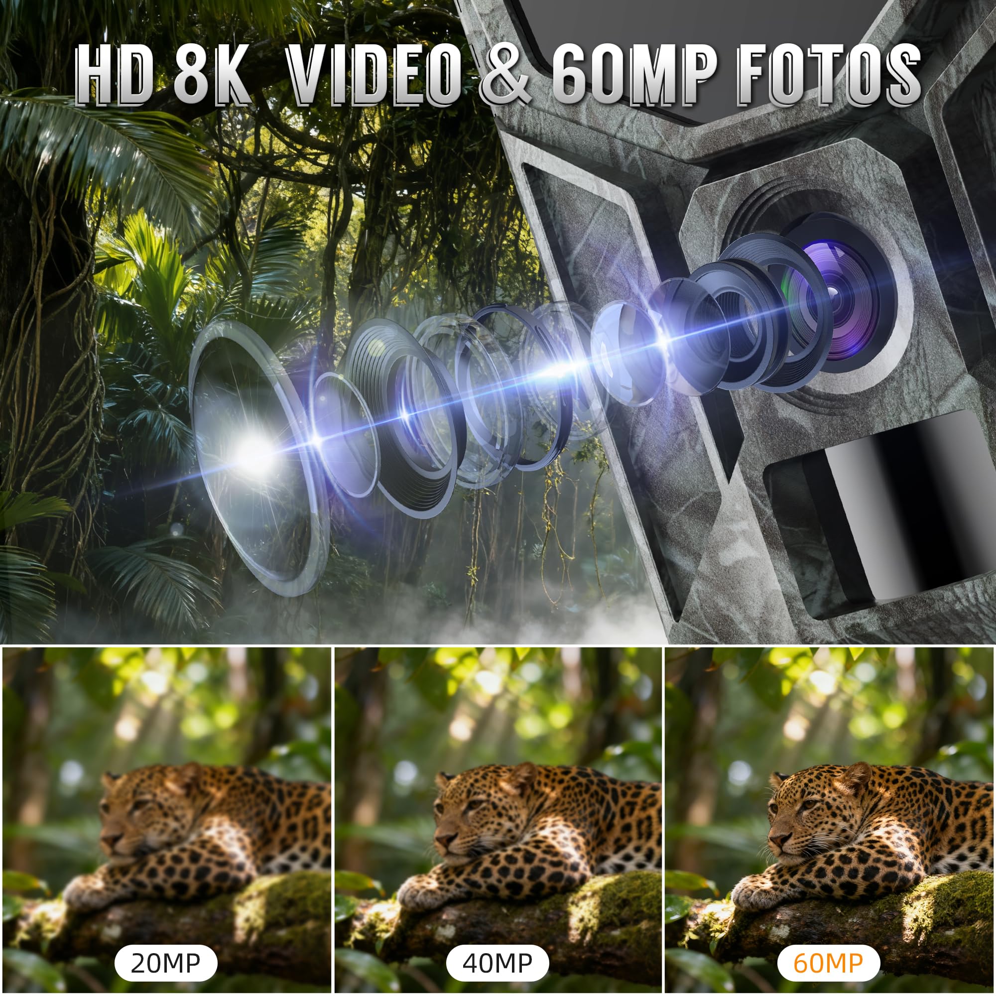 8K Solar Wildkamera mit unbegrenzter kostenloser App, 7800mAh Akku, 850nm Nachtsicht, 0,1S Bewegungserkennung, IP66 wasserdicht, Wildkamera mit 32GB Speicherkarte, Tierkamera | 0,1S Bewegungserkennung, IP66 wasserdicht, Unbegrenzte kostenlose App, Tierkam