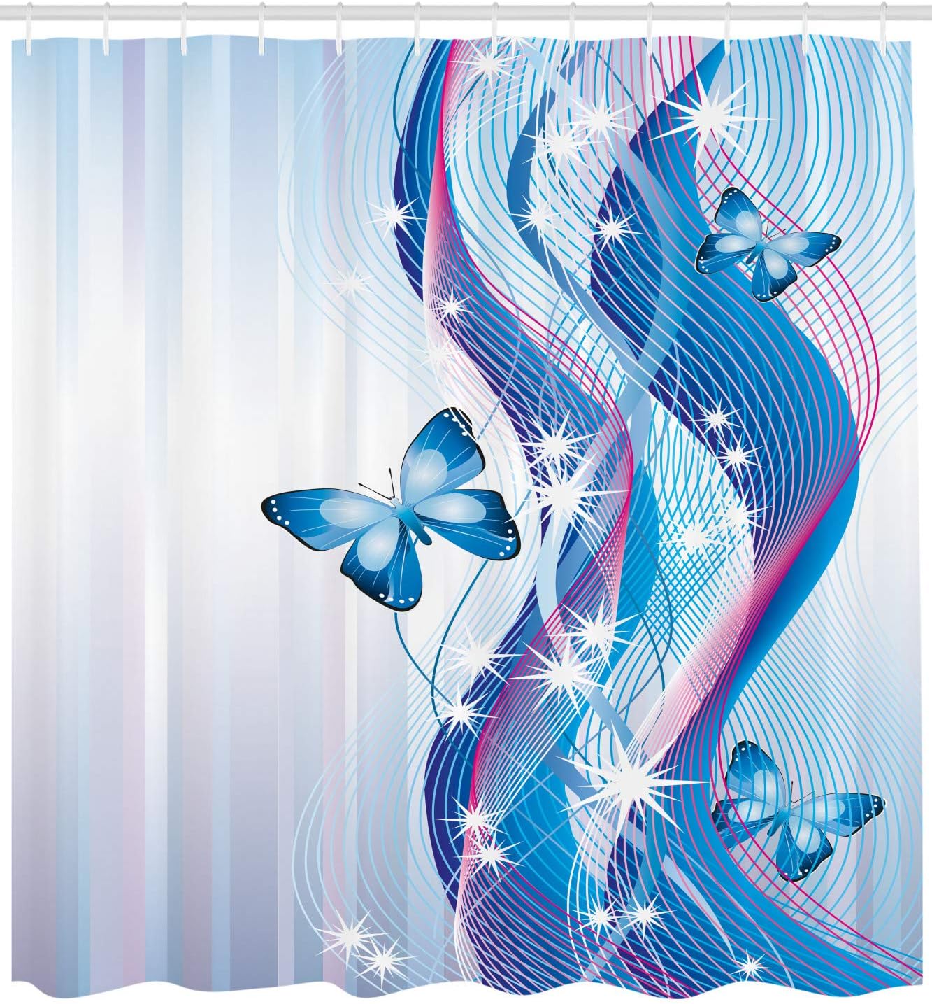 Ambesonne Navy and Blush Shower Curtain, Abstract Composition with Waves Stripes and Magic Butterflies, Cloth Fabric Bathroom Decor Set with Hooks, 69" W x 70" L, Blue Pink White