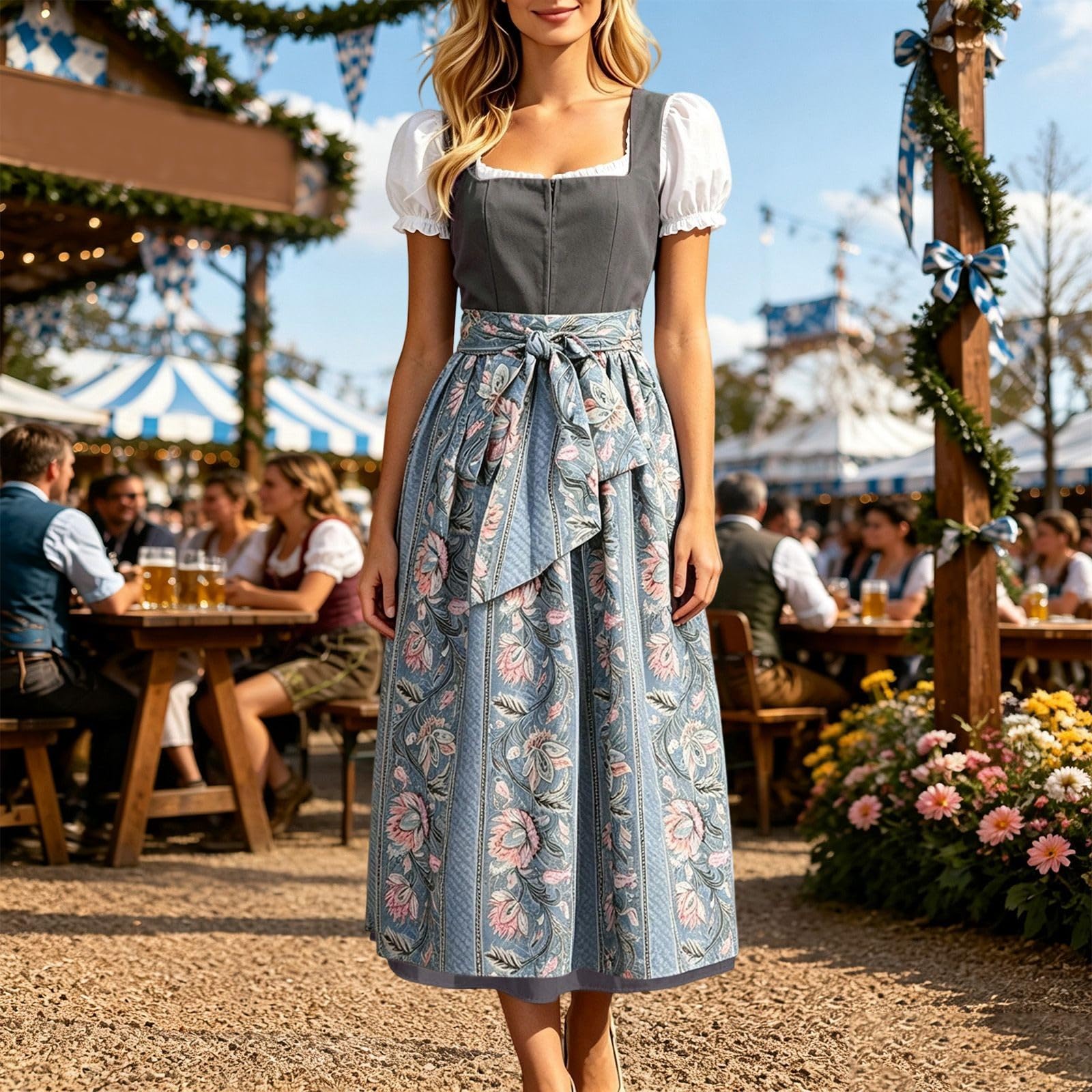 Abito Da Donna Midi In Stile Dirndl, Lungo Con Grembiule Dirndl